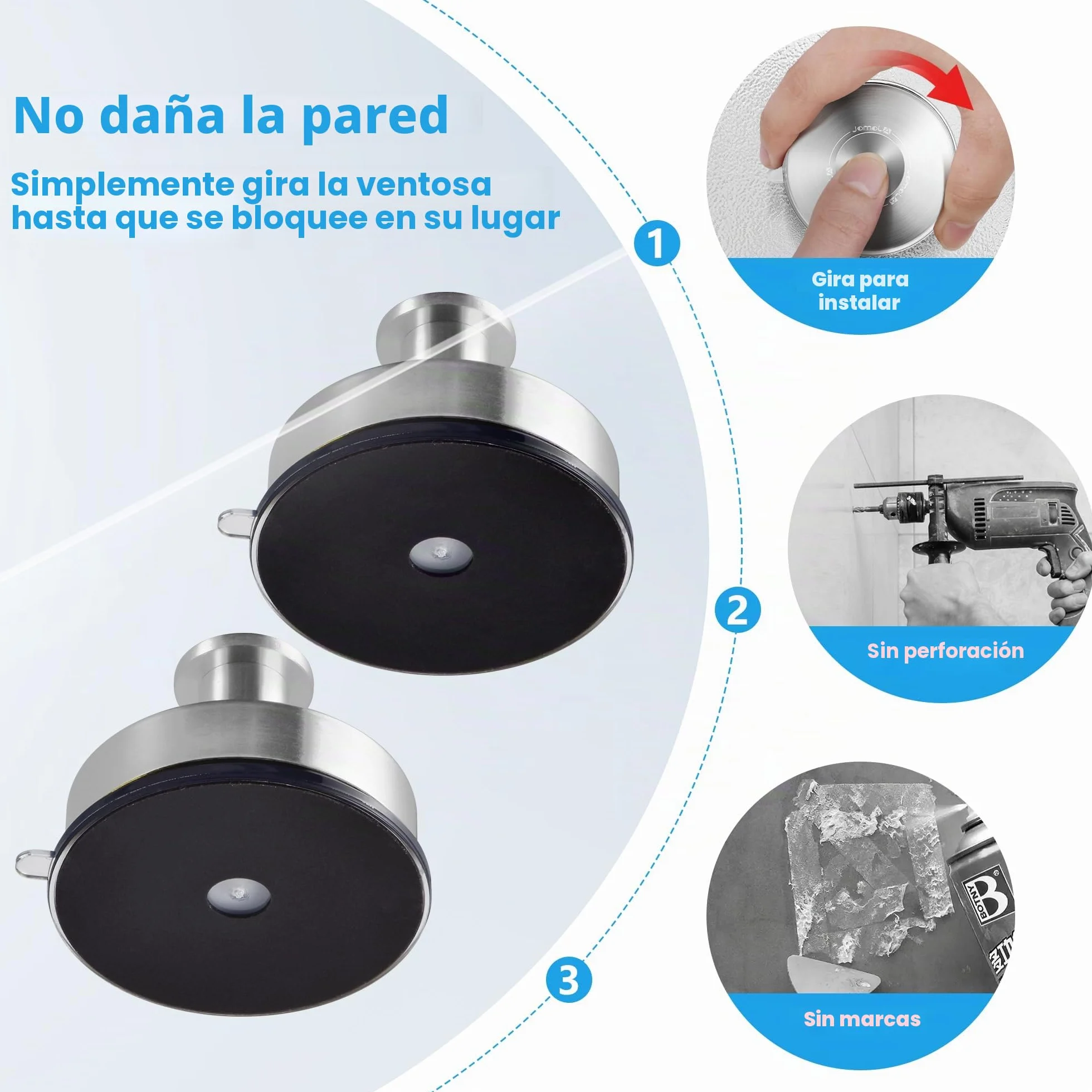 JOMOLA Gancho ventosa de Vacío Gancho de Succión Super Toalleros de gancho Colgador Ventosa para Pared Baño Cocina para Colgar Llaves Abrigos Ropa Bolsos Ducha Acabado Cepillado, 2 Piezas