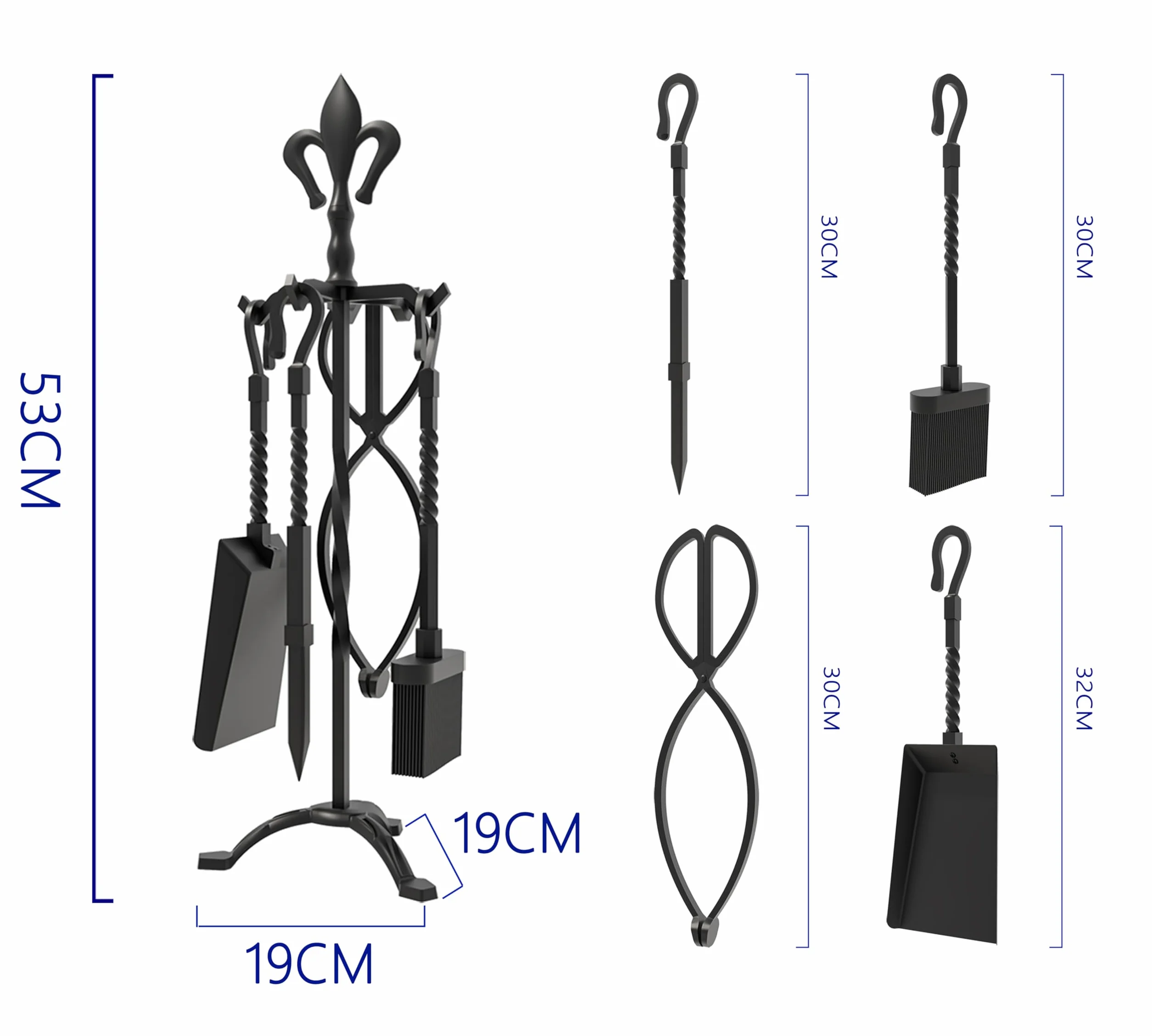 Kingson - Set de 5 piezas de accesorios para chimenea de hierro fundido – Acabado negro – Incluye atizador, pinzas, cepillo, pala y soporte – Juego de herramientas para chimeneas abiertas