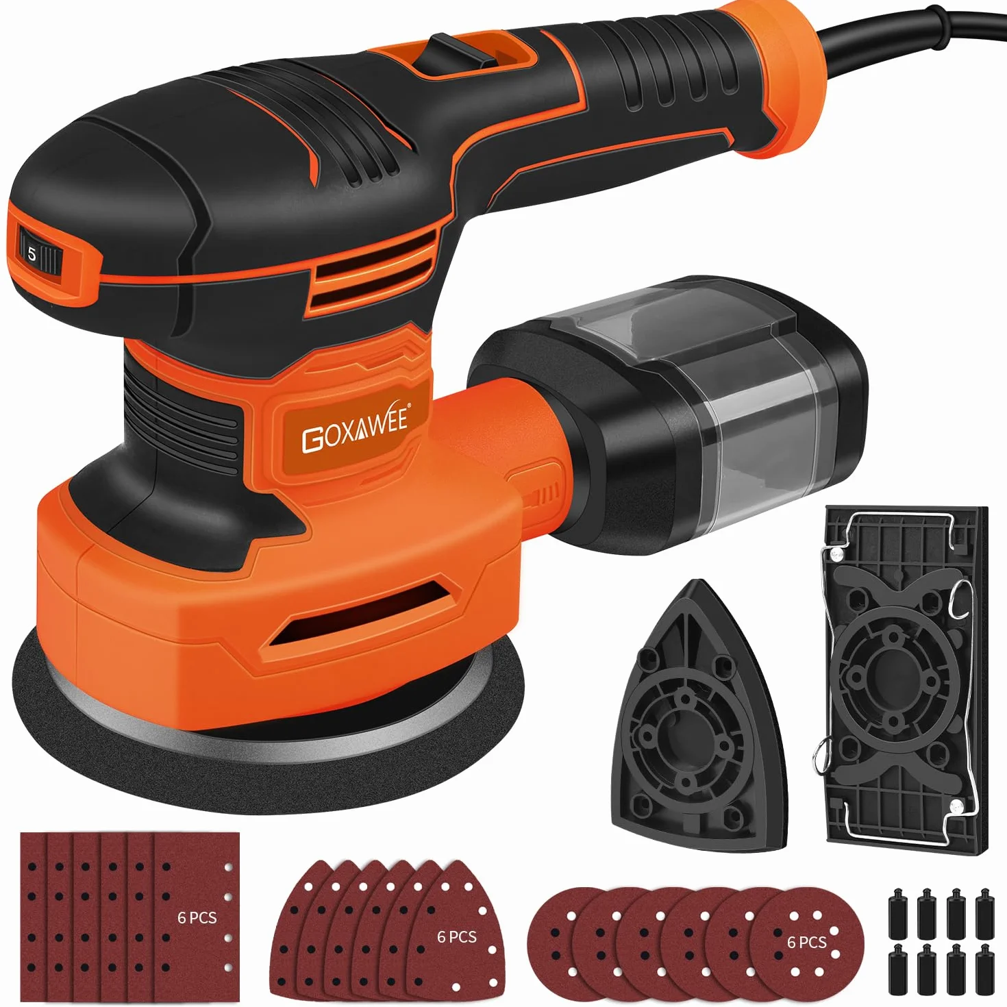 GOXAWEE Lijadora Orbital 3 en 1, 450W 125mm Lijadora Orbital Aleatoria con 6 Velocidades y 3 Modelos de Cabezales de Lijado, 18pcs de Papel de Lija, Lijadora Eléctrica con Caja de Polvo para Lijar