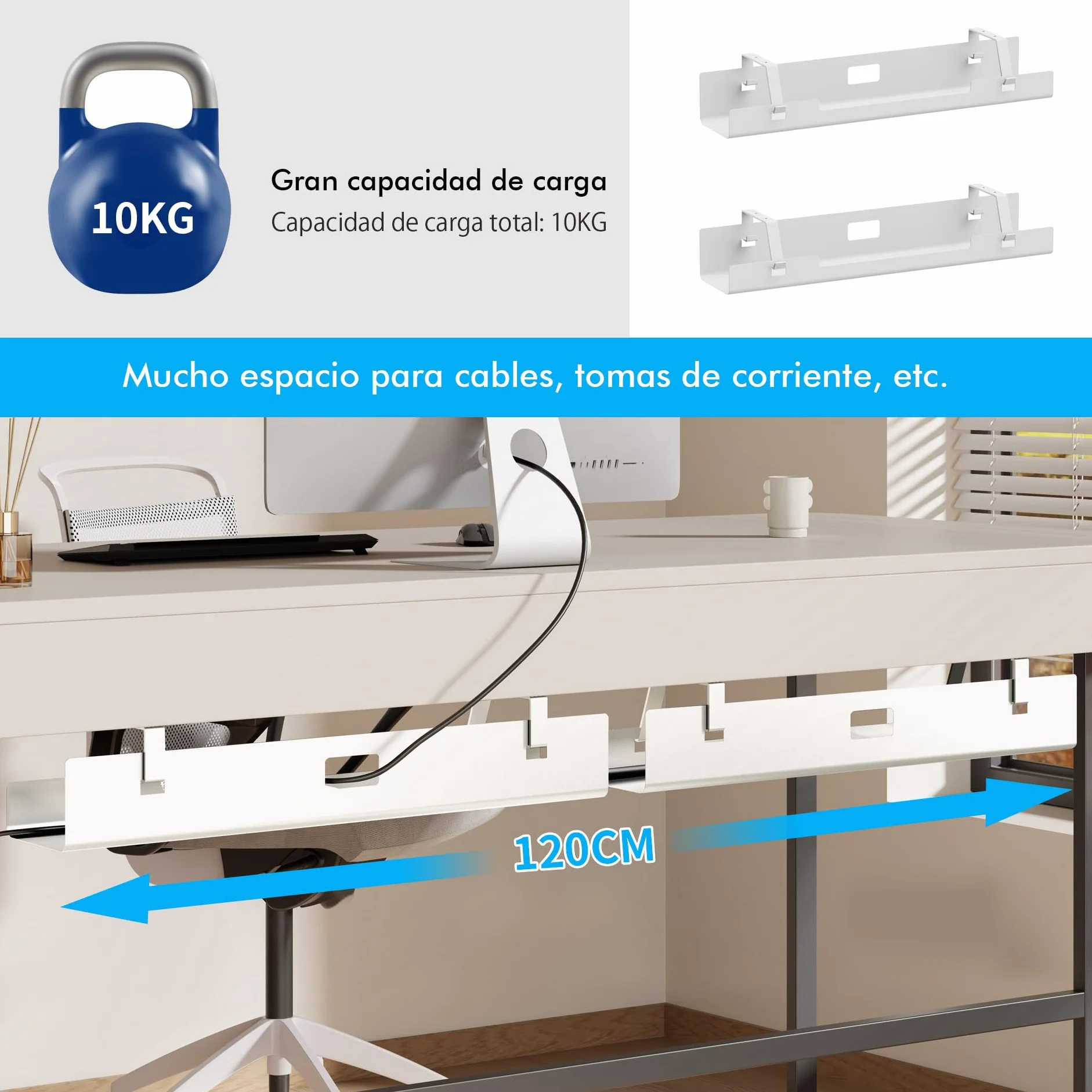 Mimoke Juego de 2 bandejas de gestión de Cables, 120 cm (2 x 60 cm), Bandeja para Cables de Acero para Escritorio, regleta, fácil de Montar, Ahorra Espacio (Blanco)