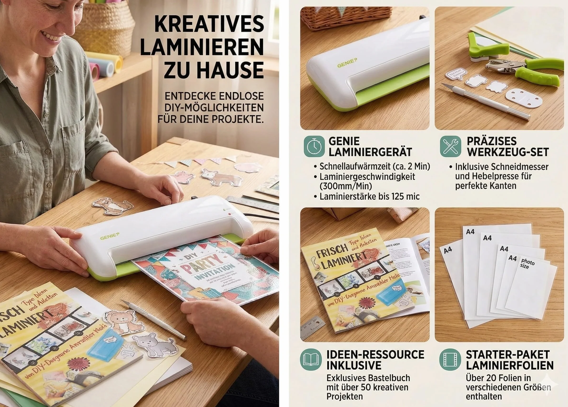 GENIE Juego creativo de laminación 4 en 1 para manualidades, plastificadora, paquete creativo, paquete de manualidades, láminas de laminación