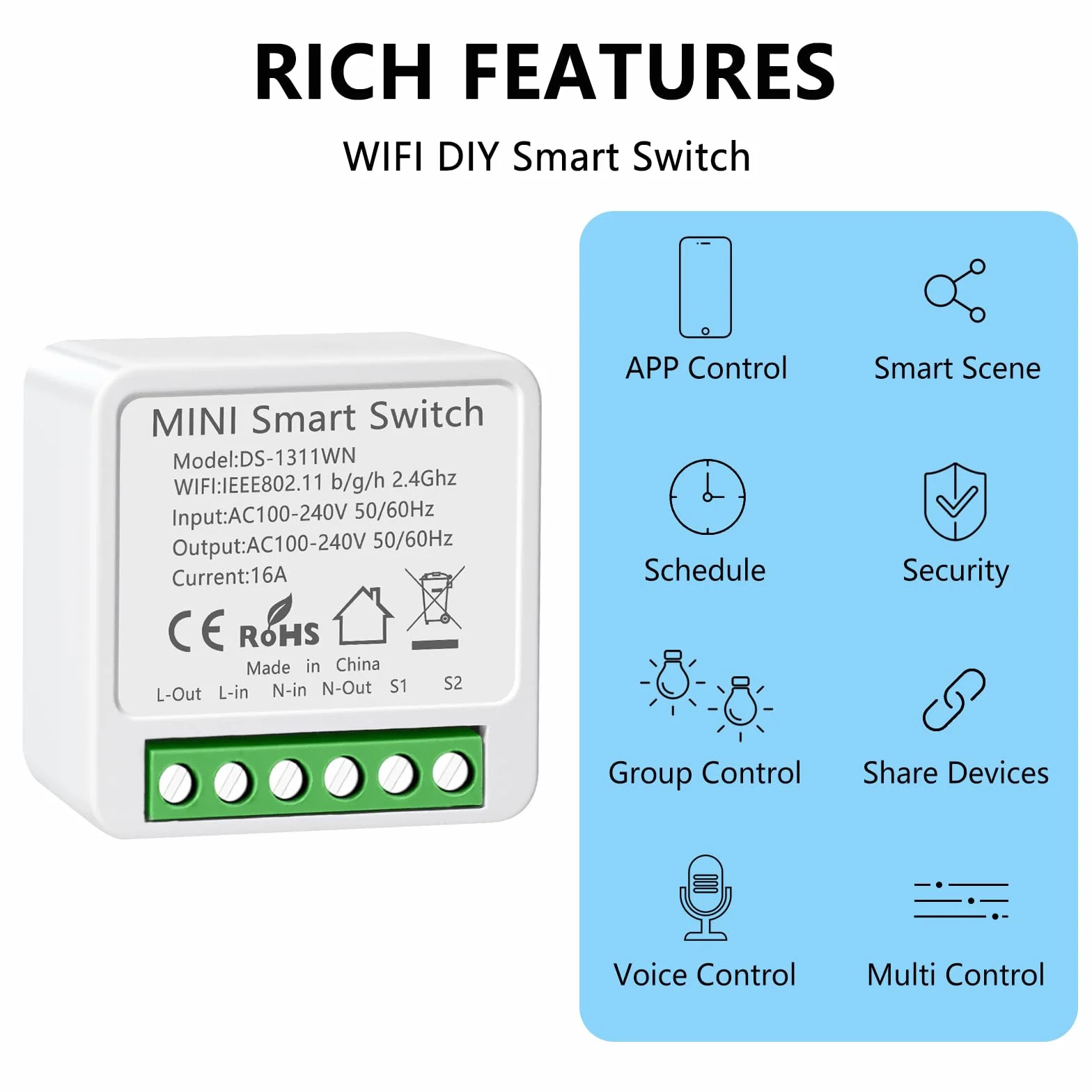 1PC Interruptor de Luz Inteligente WIFI, Alexa Interruptor Inteligente Módulo, Mini Smart Switch WIFI Compatible con Alexa,Tuya y Smart Life, Requiere Conductor Neutro