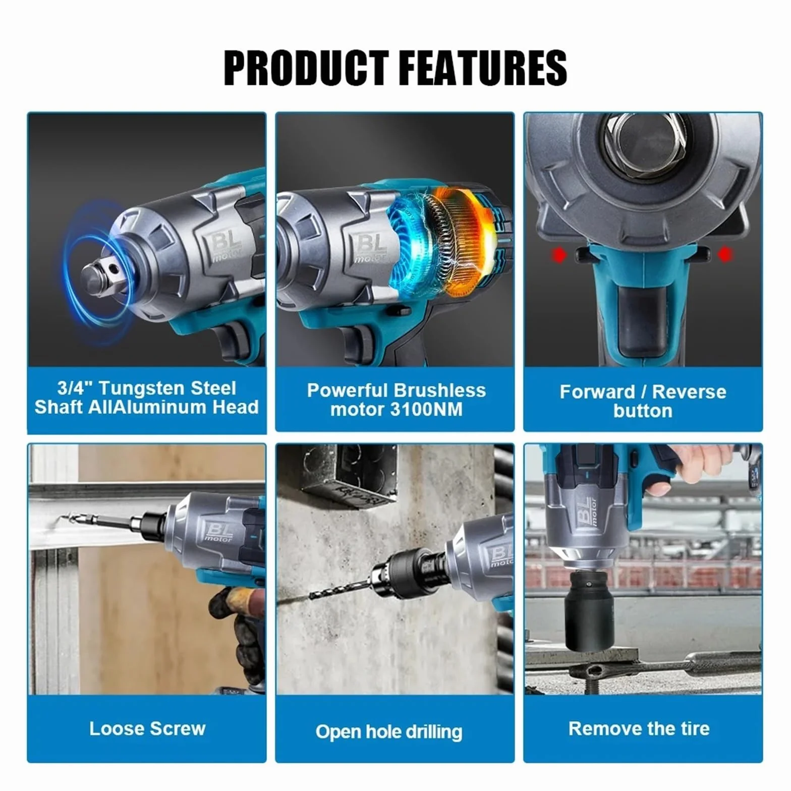 Llave de Impacto Llave Eléctrica Sin Escobillas De 3100NM, Llave De Impacto Inalámbrica De 3/4 Pulgadas, Herramienta Eléctrica De Mano For Batería De 18v(1x5.0Ah 38mm Battery)
