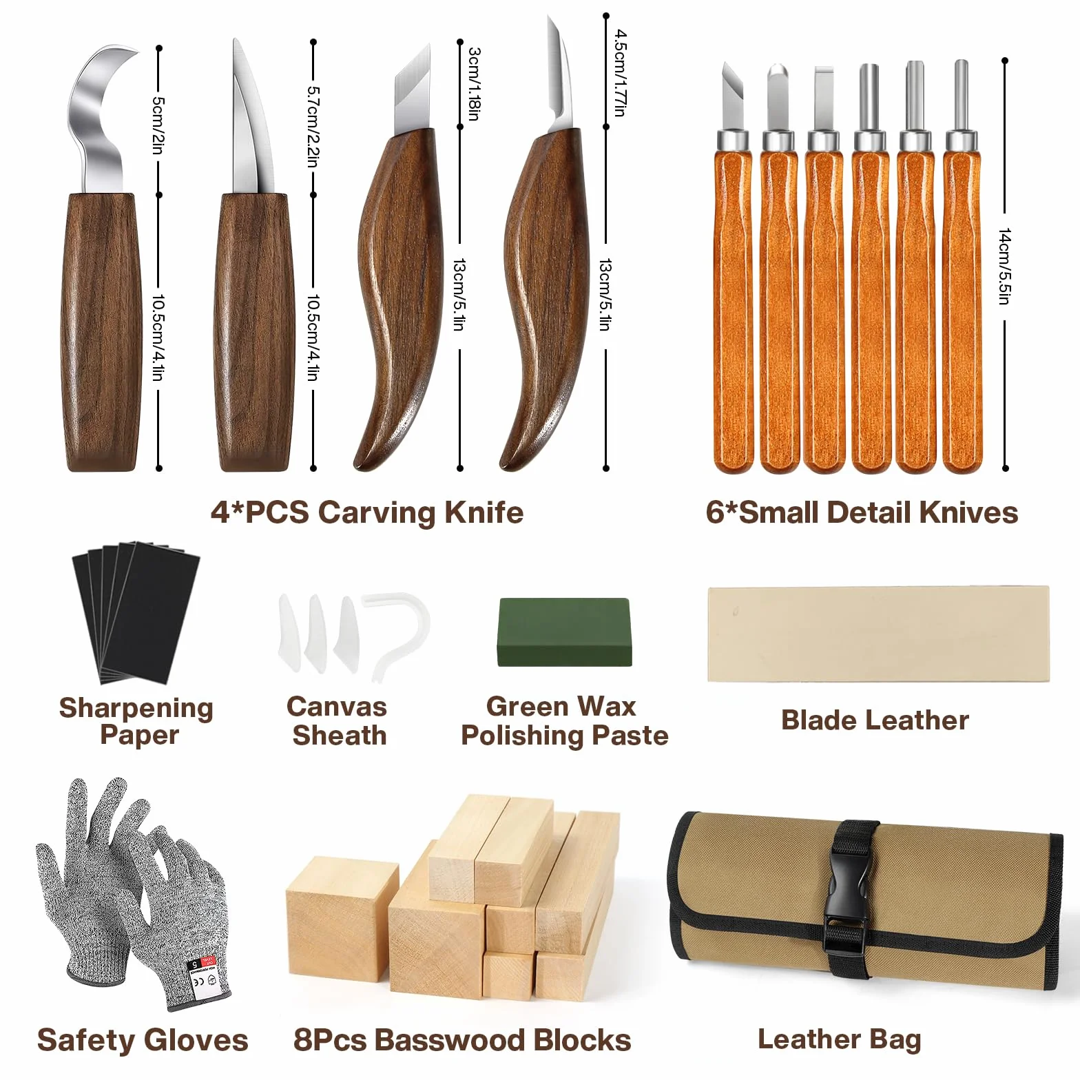 32 Pcs Juego de Tallar Madera con Estuche de Cuero, Cuchillos de Carpintería con Bloques de Tilo
