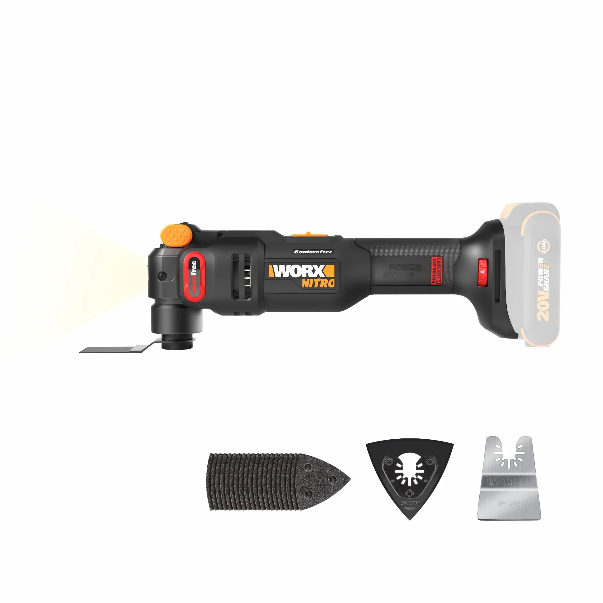 Worx Nitro 20V Cordless Oscillating Multi Tool with 5° Oscillation Angle, VibraFree Technology, Slim-body Design, Tool Only, 23 Pieces Accessories with Carrying Bag, WX698L.9