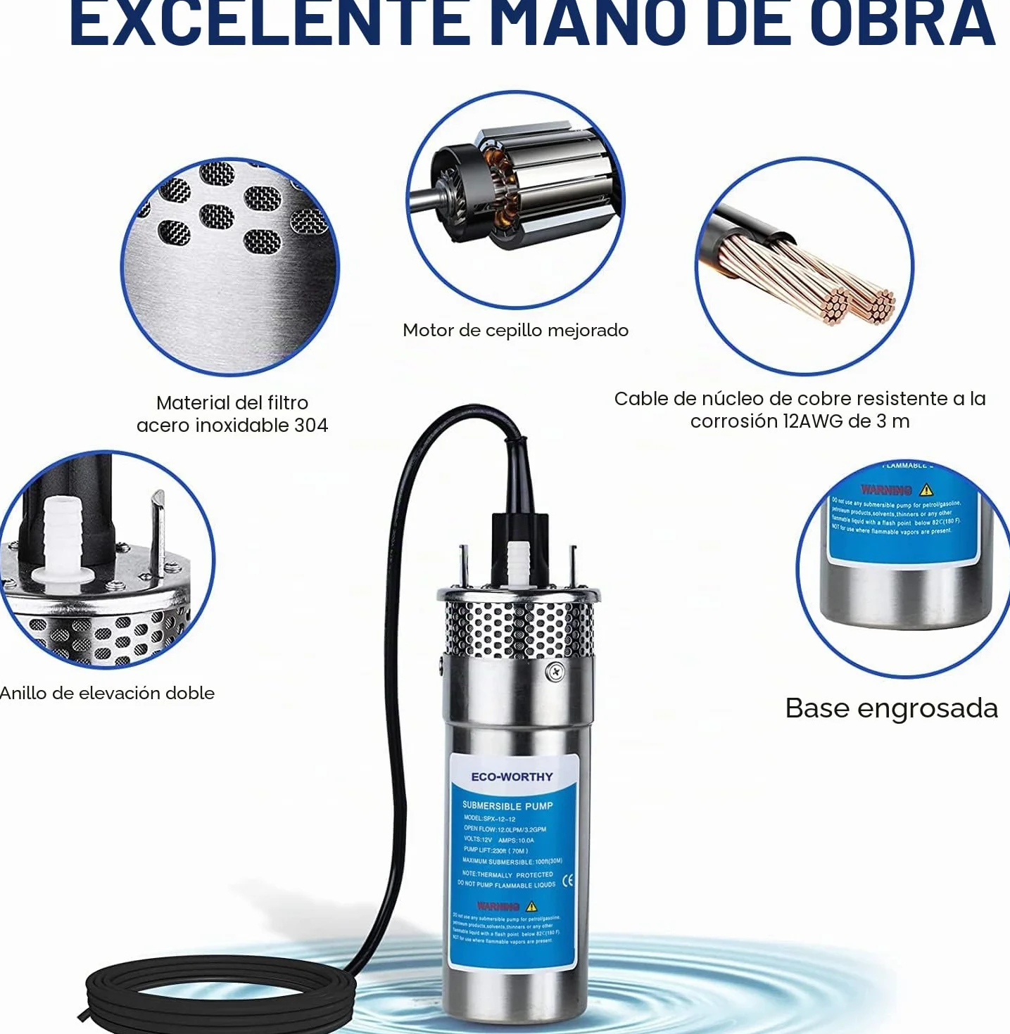 DCHOUSE Bomba Sumergible Acero Inoxidable 12V 230 Pies Elevación 100 Piles Pozo Profundo Agua Solar