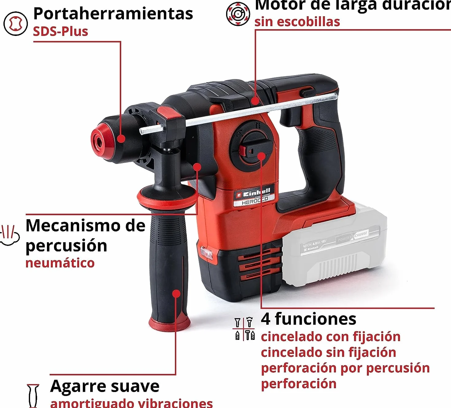 Einhell Martillo percutor a batería HEROCCO Power X-Change, Li-Ion, 18 V, 2.2 Joule, 18 Nm, motor sin escobillas, mecanismo impacto neumático, toma SDS+, incl. E-box, sin batería ni cargador