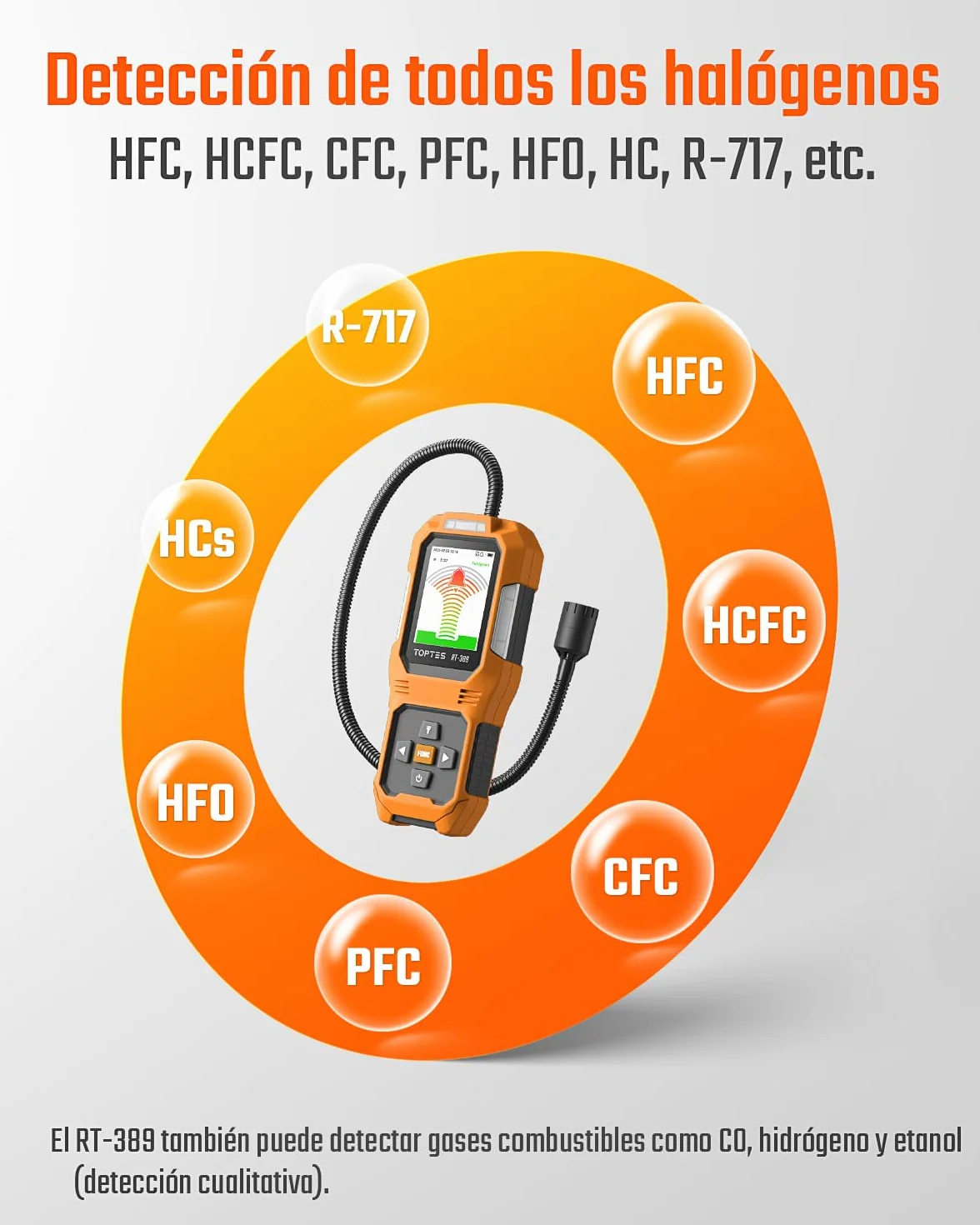 TOPTES RT-389 Detector de Fugas de Refrigerante Recargable, 3 Modos de Sensibilidad, Freón, CFC HCFC HFC HFO HC, Naranja