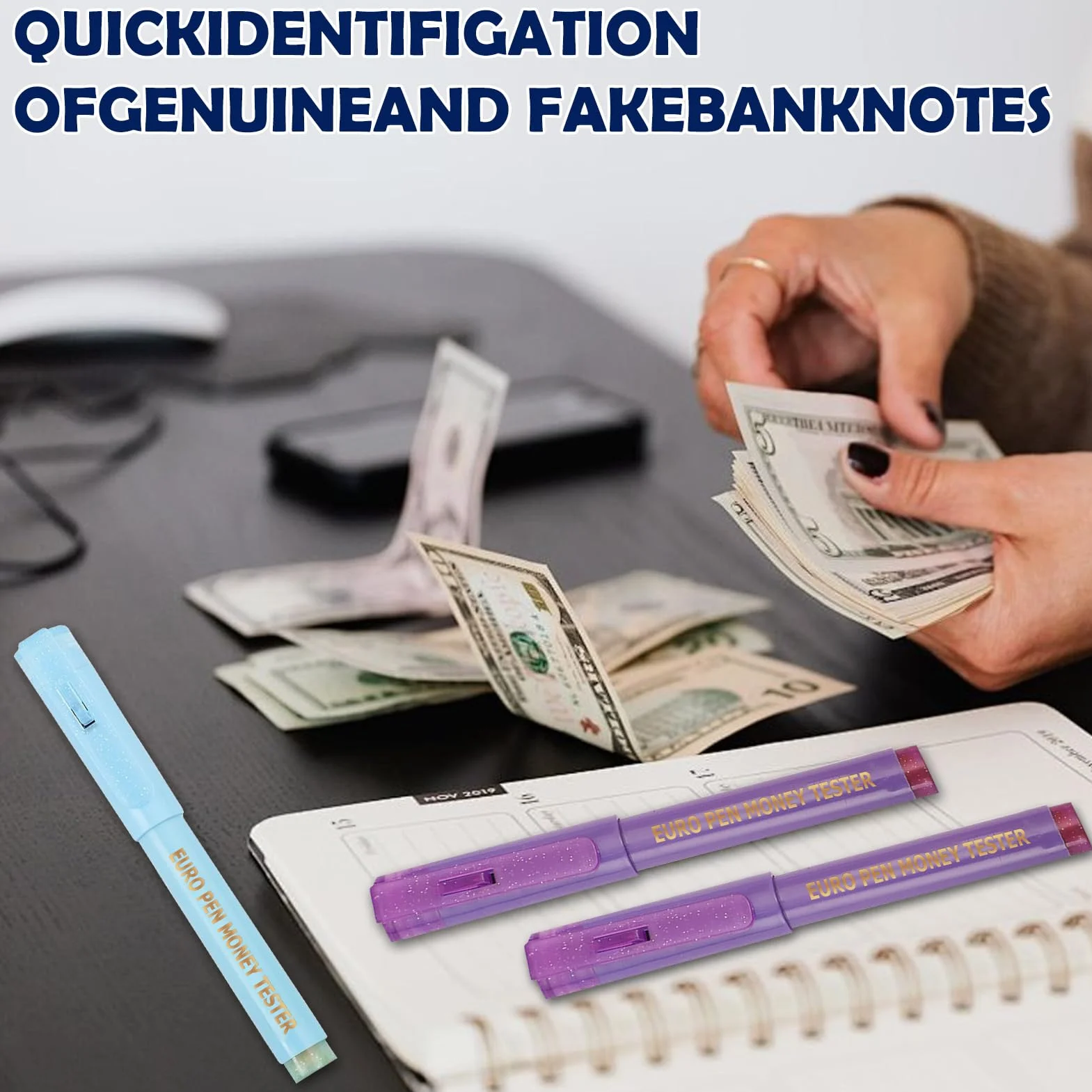 Bolígrafos Detectores de Billetes Falsos con Luz UV, Detector Portátil para Euros, Dólares, Libras