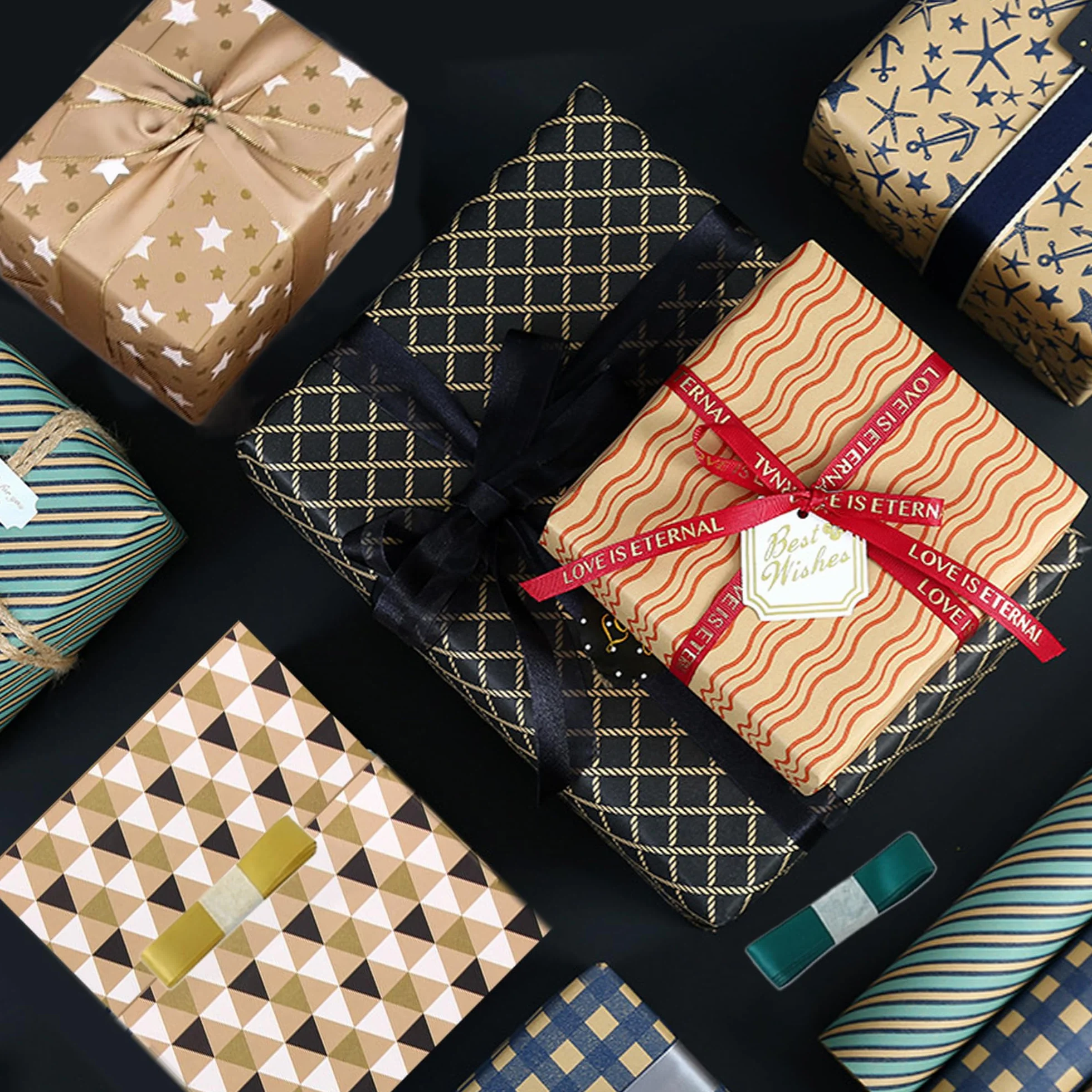 Dantolo 8 Piezas Papel Kraft Decorado 50x70cm para Envolver Regalos con Cuerda de Cáñamo