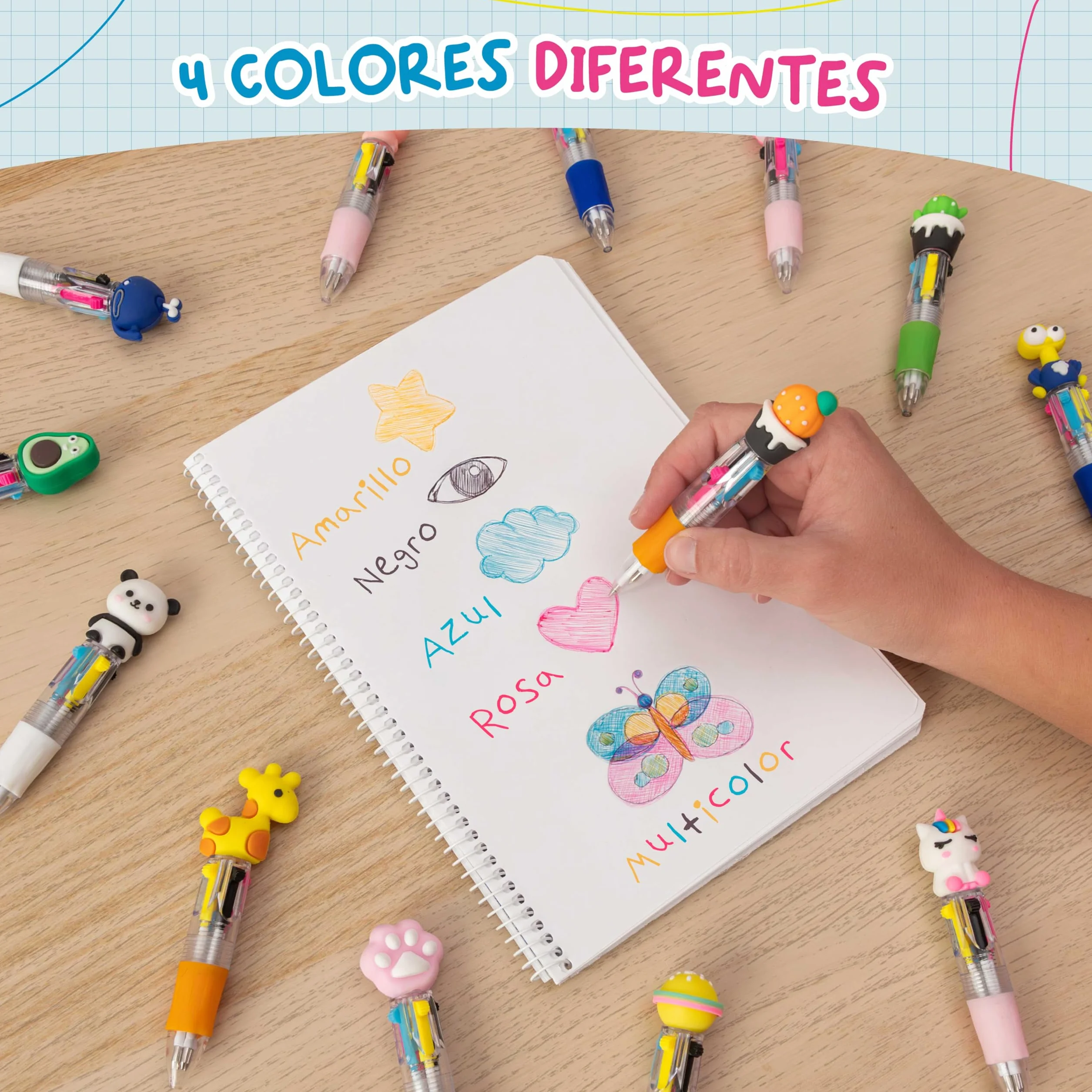 BONNYCO Boligrafo Multicolor 4 Colores con Figuras Divertidas, Pack 30 Regalos Cumpleaños Niños Colegio