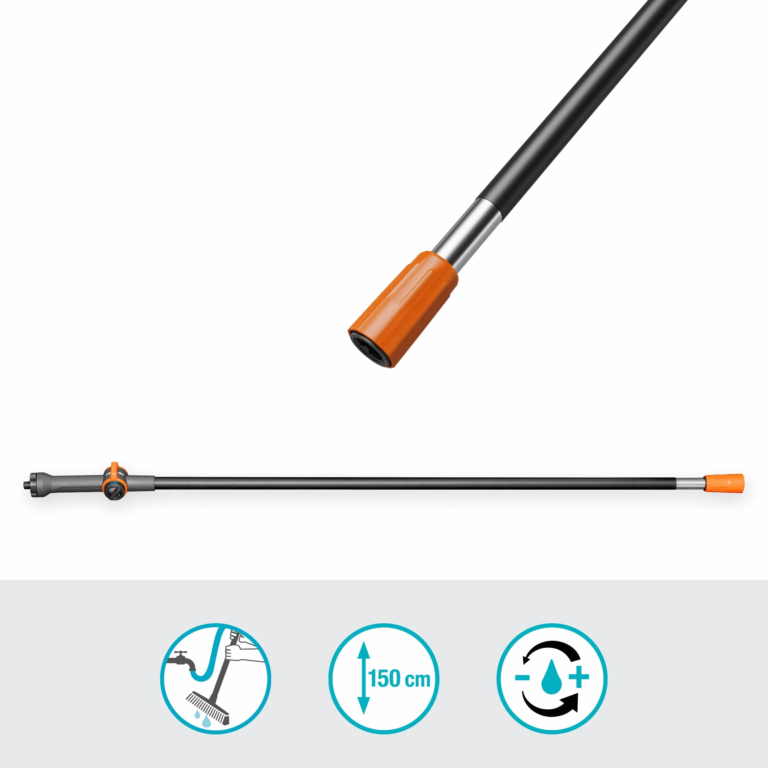 Gardena Cleansystem Mango M: Mango de Limpieza Conductor de Agua, 150 cm, Aluminio, regulación Continua del Flujo, para Grandes Superficies, Sistema Original Gardena (18802-20)