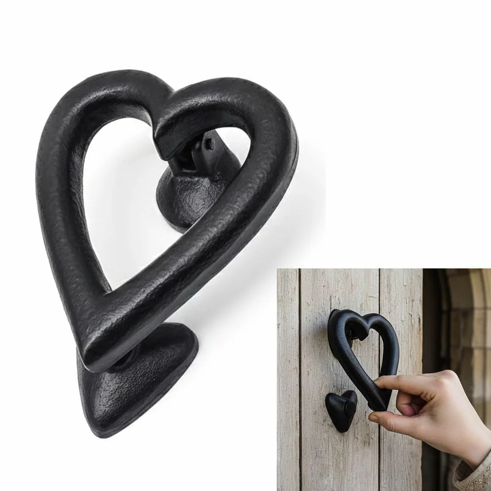 Aldaba de puerta de corazón negro para puerta delantera, 11,4 x 10,2 cm, hierro fundido sólido, victoriano, colonial, negro