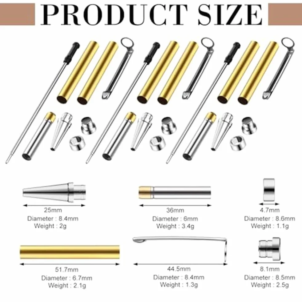 Kit de 10 bolígrafos para torneado de madera de 7 mm, plateado