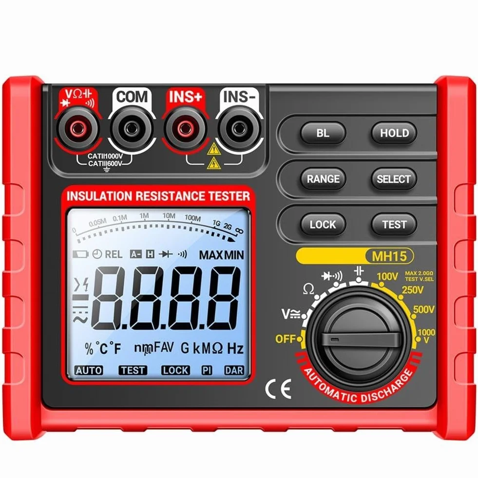 MH15 Digital Megohmmeter Resistencia de Aislamiento Probador 100V 250V 500V 1000V LCD Display Meter con cables de prueba