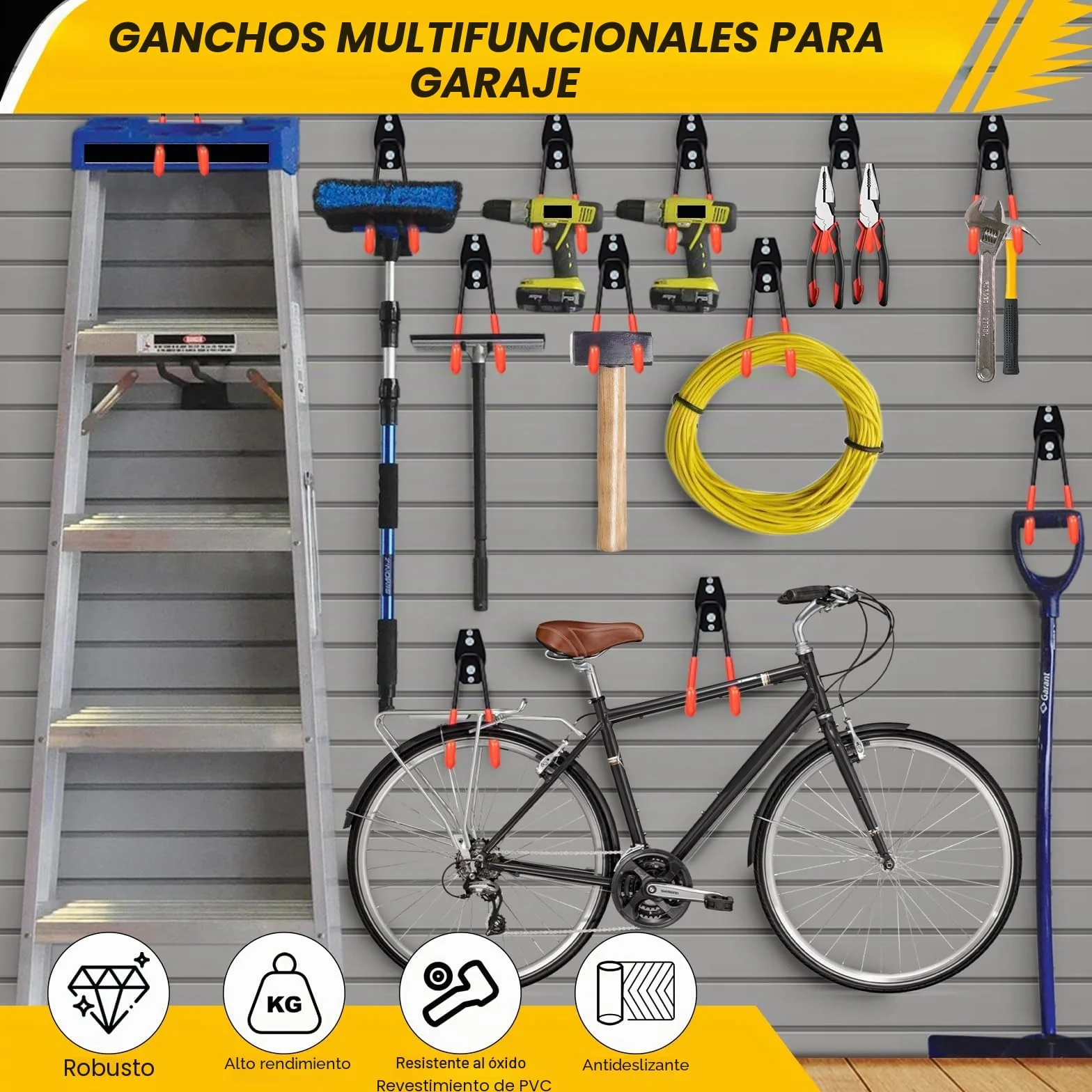 4 Ganchos de Garaje Resistentes para Colgar Herramientas, Ganchos de Almacenamiento para Garaje, Ganchos Garaje para Montaje en pared para Organizar Herramientas de Garaje y Jardín (naranja)