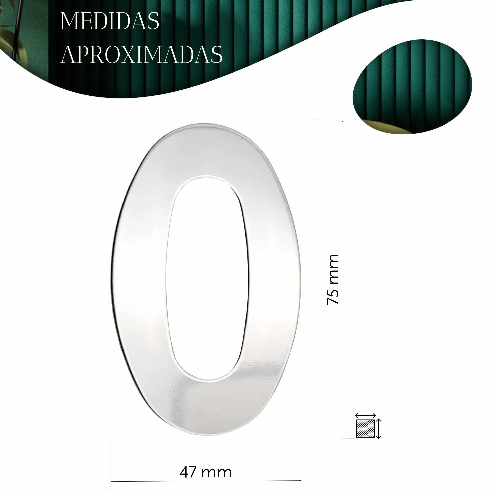 TECHZOCO Numero 0 casa, Número Cero hogar, Número 0 para puerta, Número para pared, Número 0 buzón, Acero inoxidable 304, 75 mm alto x 47 mm ancho, Adhesivo, Plateado