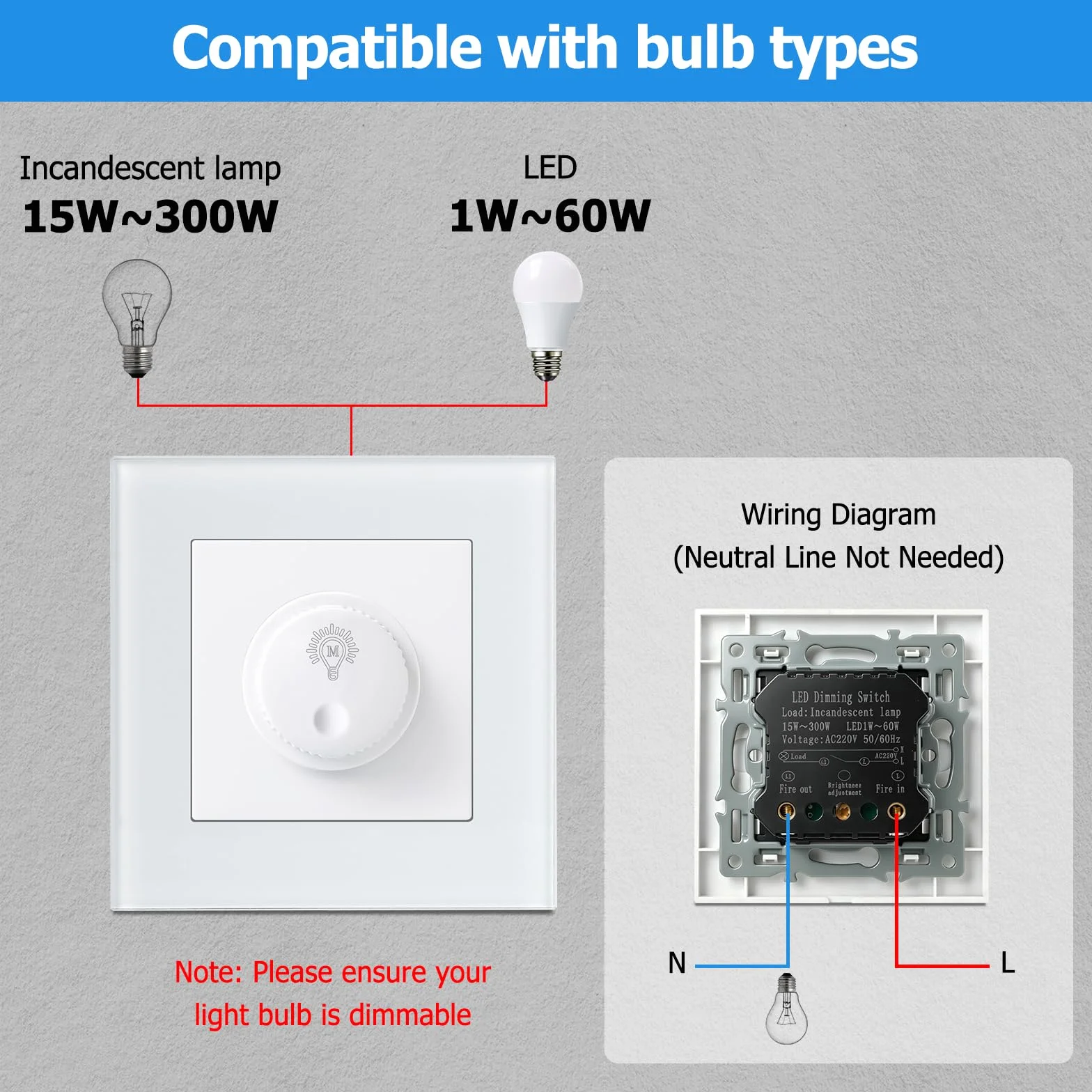 Interruptor Dimmer LED 220v, Regulador de Luz para LED Regulables de 1–60W / Halógenos de 15–300W, Dimmable Switch Protección Segura, Sin Ruido