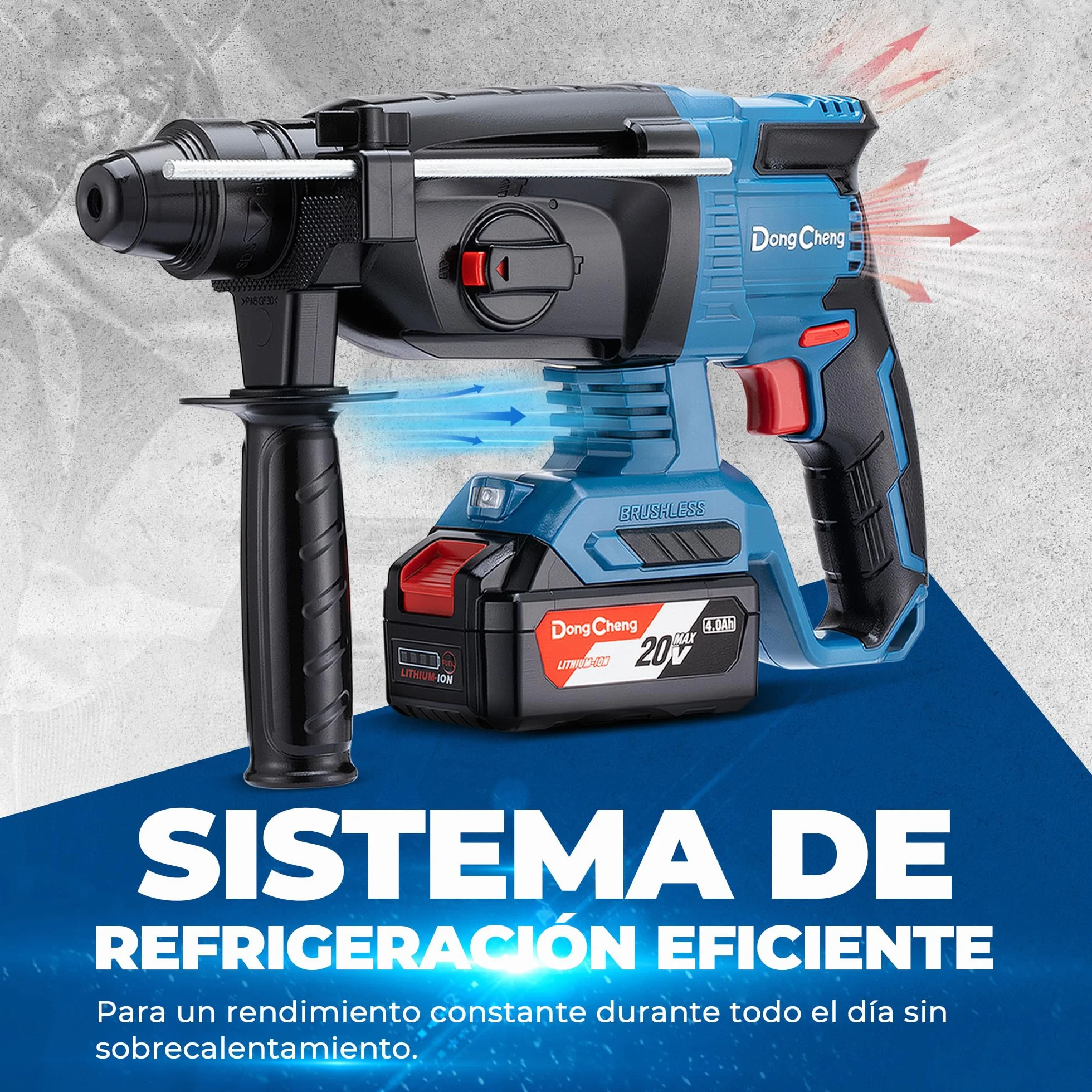 DongCheng Martillo perforador sin cable 18V, martillo percutor a batería 2,8 J, 4 piezas SDS-plus, perforación hasta 28 mm, motor sin escobillas empuñadura antivibración baterías 4Ah y cargador 2A