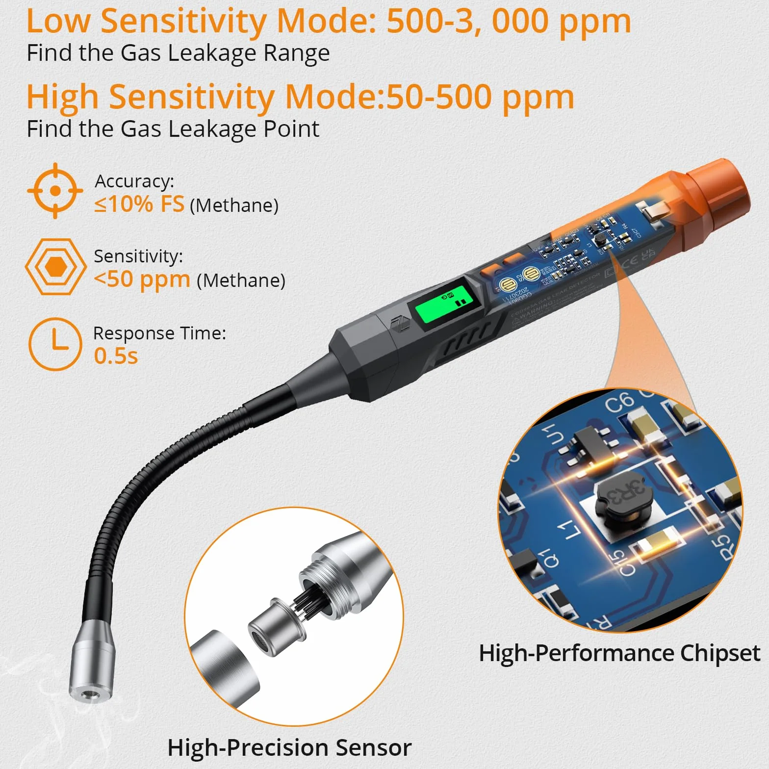 Neoteck Detector de Gas Detector Gas Natural con 4” Sonda Flexible Portátil de Fugas de Gas con Alarma Audible&Visual y Sensibilidad Ajustable para Metano Propano GLP Butano Gasolina Gas Natural
