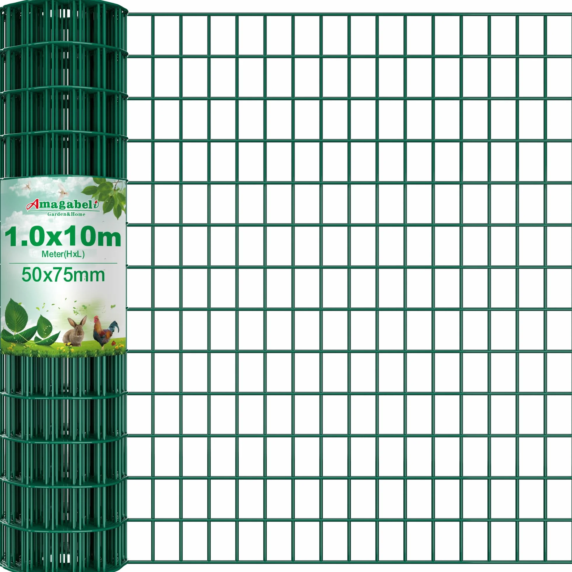 Amagabeli Valla Metálica de Jardín Malla Electrosoldada Galvanizada y PVC 1.0Mx10M 50x75cm 2.0mm Verde RAL6005