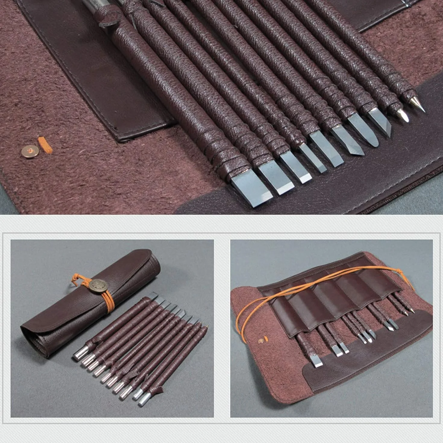 10 Piezas De Herramientas De Tallado De Piedra, Cinceles De Acero De Tungsteno Con Bolsa De Cuero, Cinceles/Cuchillos Para Gravador De Sello De Piedra