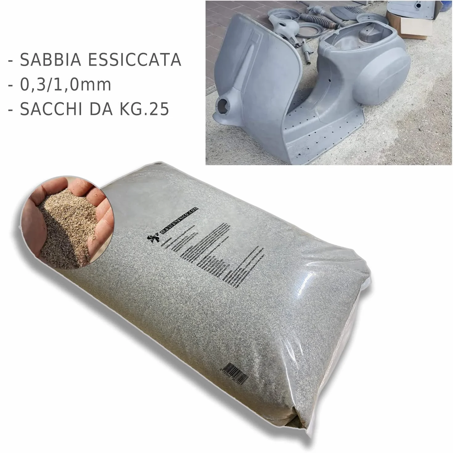 Arena para arenadora 0,3 – 1,0 mm, saco de 25 kg – Arena seca vaga, para tratamientos de arenado sobre madera, hierro, cemento y ladrillo – Granulometría media, baja humedad