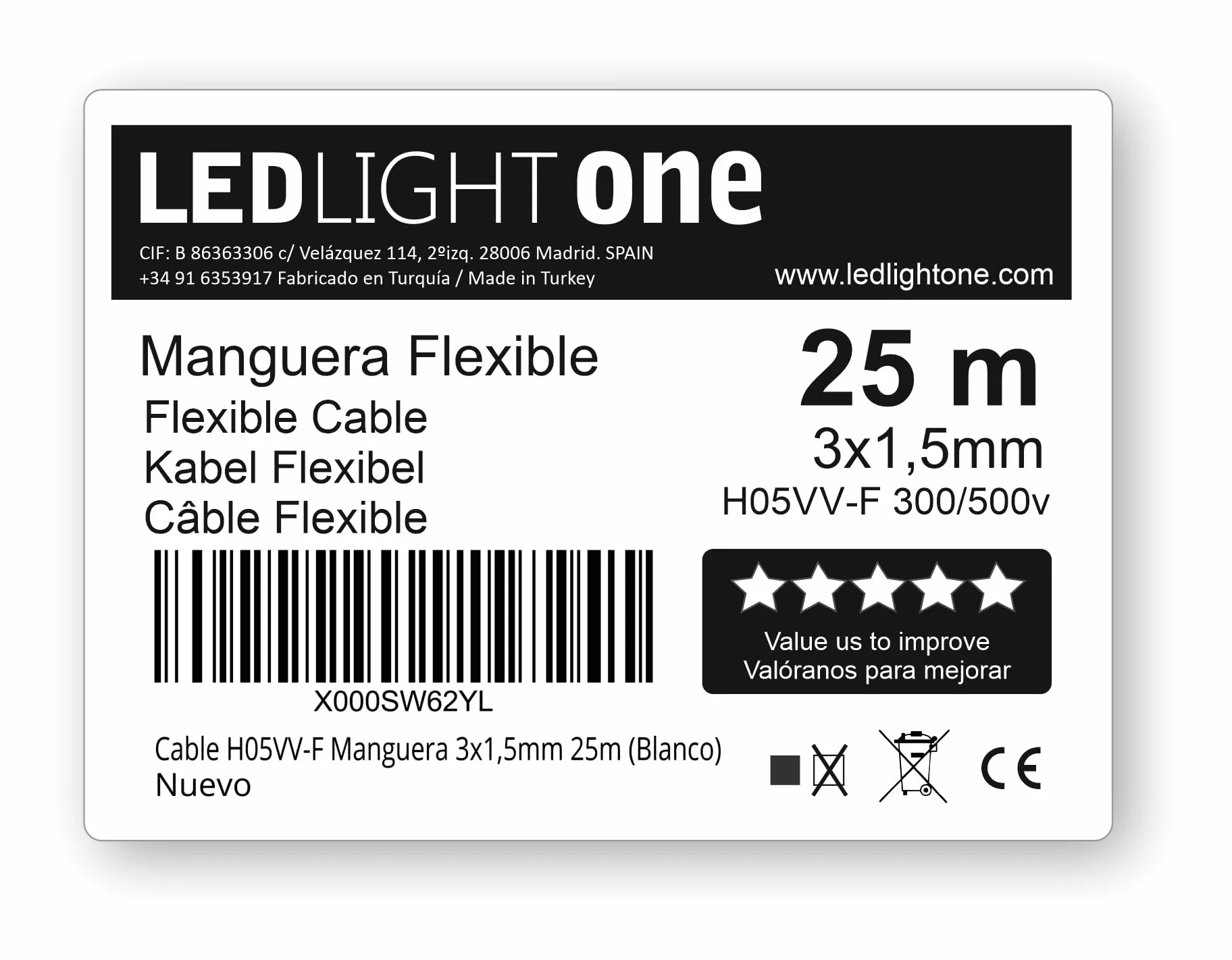 Cable Eléctrico H05VV-F Manguera 3x1,5mm 25m Blanco, Tensión de Servicio 500v, Temperatura Máxima de Trabajo 70º, para Instalaciones Fijas y Móviles en Locales Domésticos y Oficinas