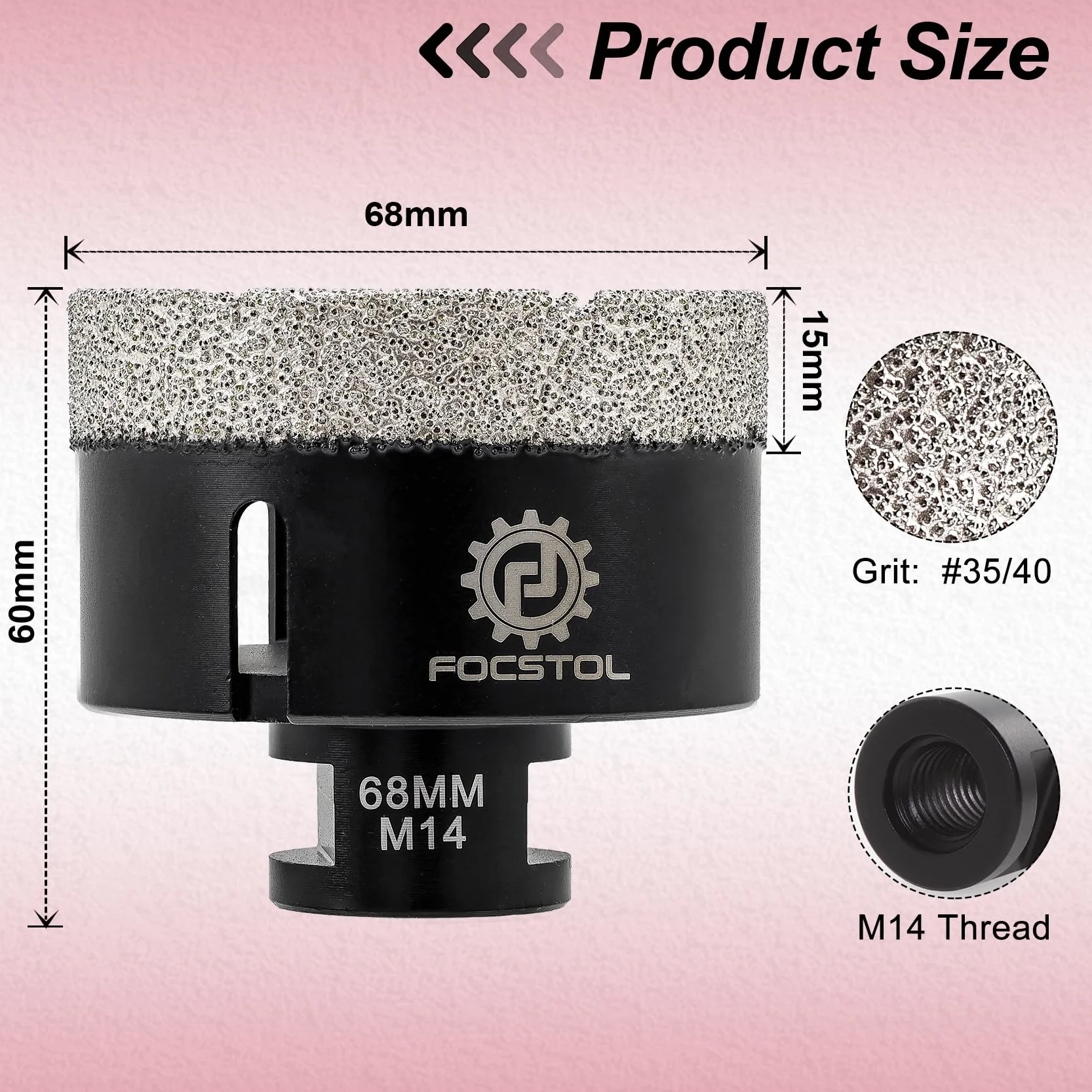 FOCSTOL Brocas Diamante - 68mm Corona Diamante para Porcelanico Baldosa Cerámica Mármol Granito Cuarzo para M14 Rosca Amoladora Angular