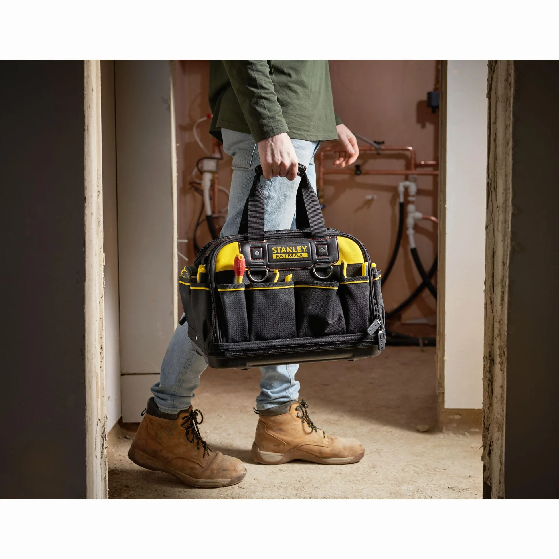 STANLEY FATMAX Bolsa de Herramientas Acceso Múltiple, Estructura Rígida, Tamaño 41x29x24 cm, Bolsillo frontal con cierre, Asa ajustable, Acceso a las herramientas, FMST1-73607
