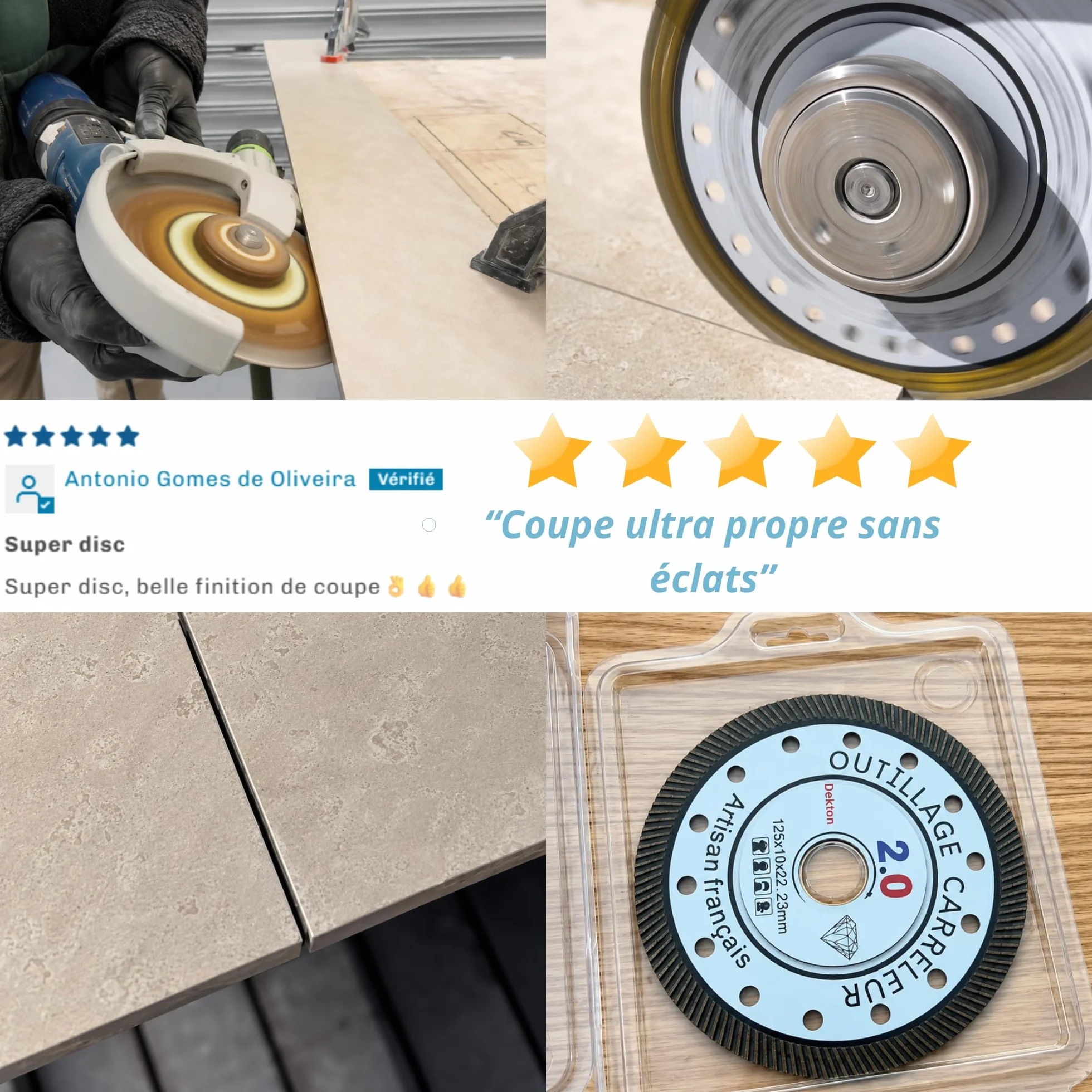 Disco diamantado DEKTON 125 mm extrafino 1,1 mm – Corte limpio sin astillas en Dekton y porcelánico – Ø22,23 mm – Outillage Carreleur 2.0