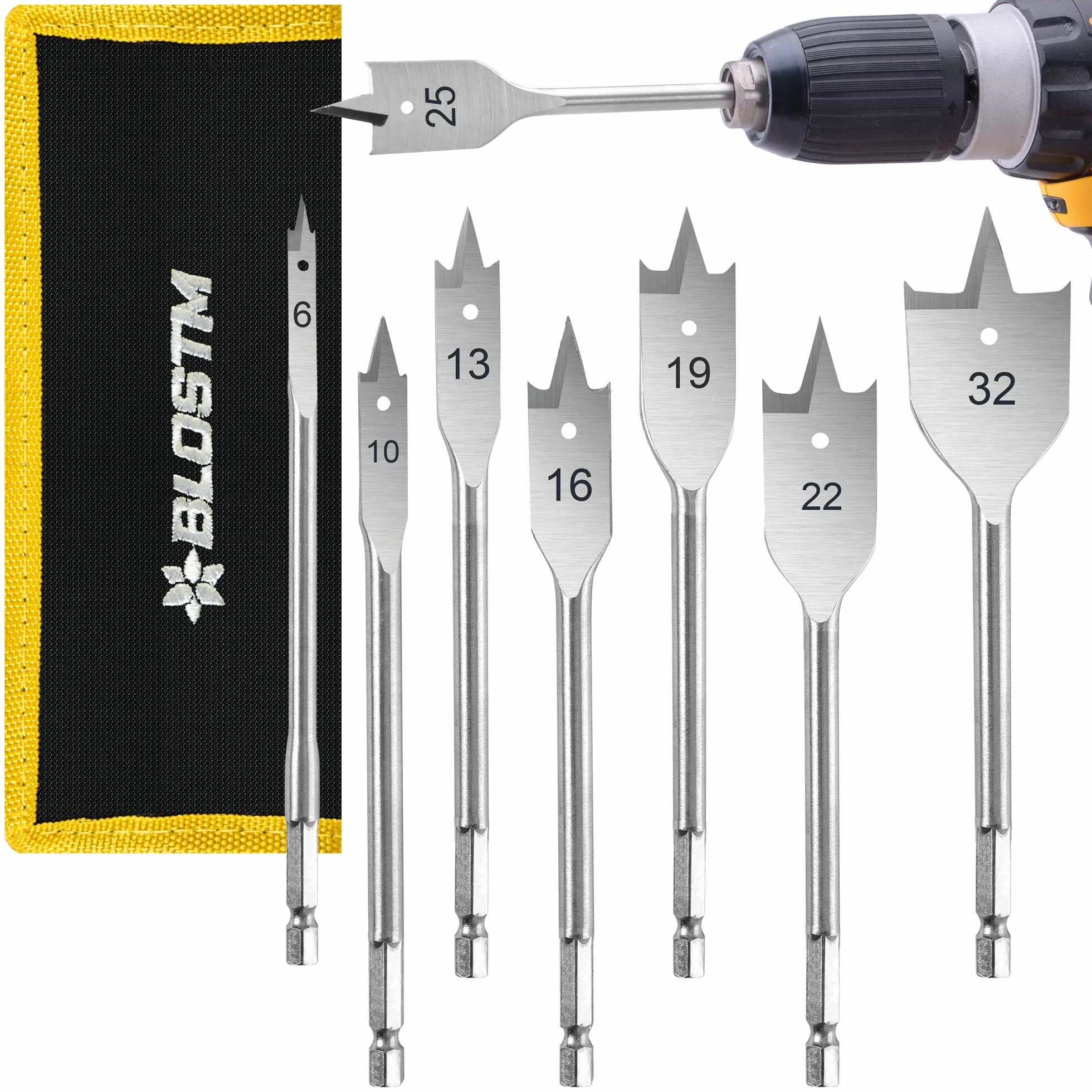 BLOSTM Juego de Brocas para Madera - Juego de 8 Broca Madera para Carpintería, Brocas de Pala para Madera de Acero al Carbono Tratadas Térmicamente para Madera con Caja de Nailon - 6-32 mm