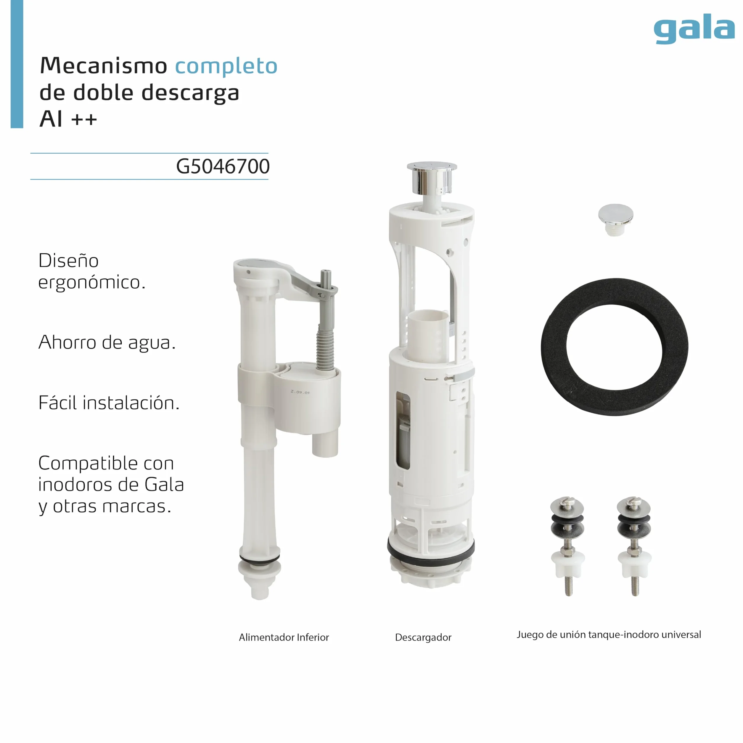 Gala Mecanismo G5046700– Mecanismo completo de doble descarga Alimentación inferior++. Compatible con cisternas Gala y de otras marcas. Fácil instalación