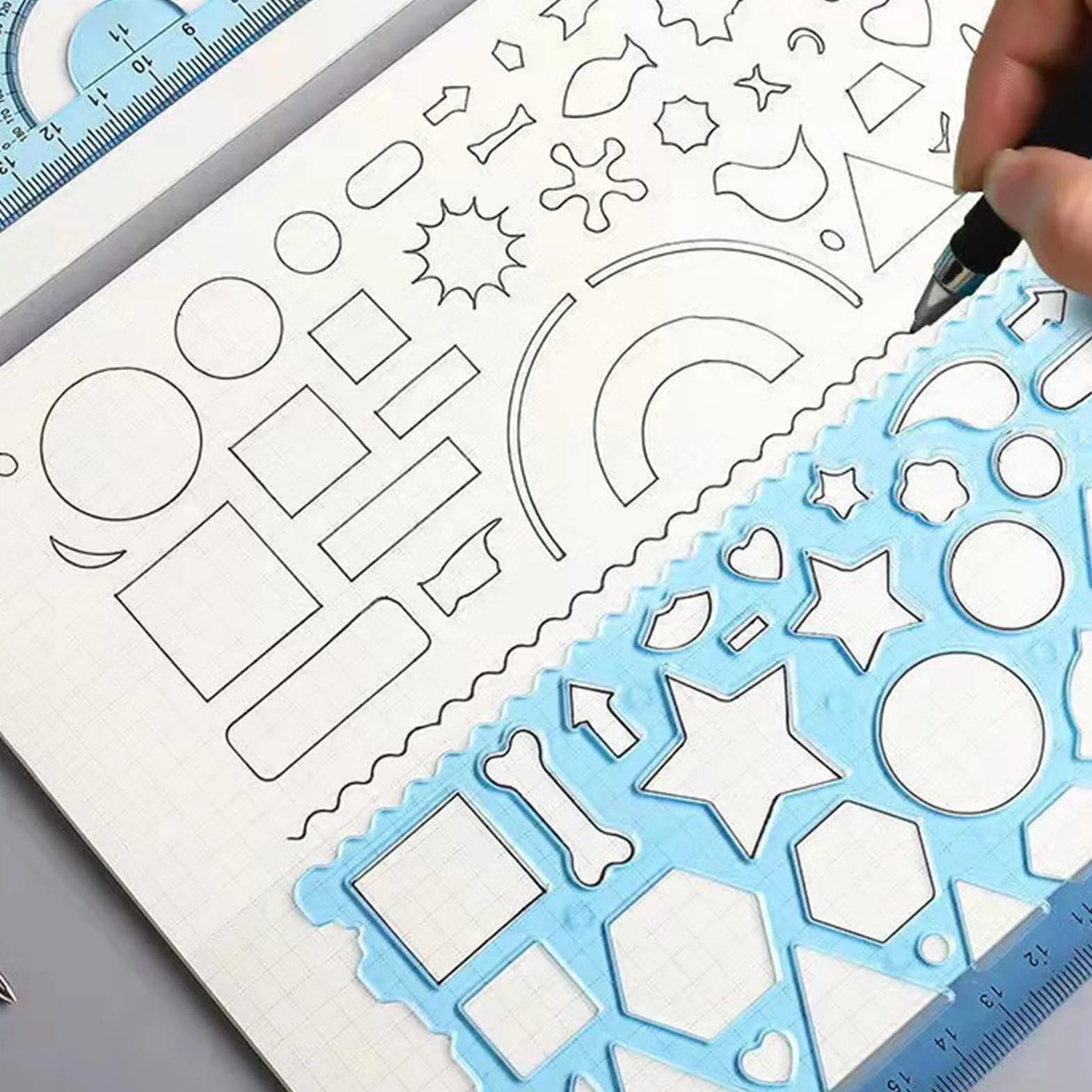 Reglas Geométricas y Plantillas de Círculo 7 Piezas para Dibujo, Regla Plástica, Herramienta de Medición Niños Azul