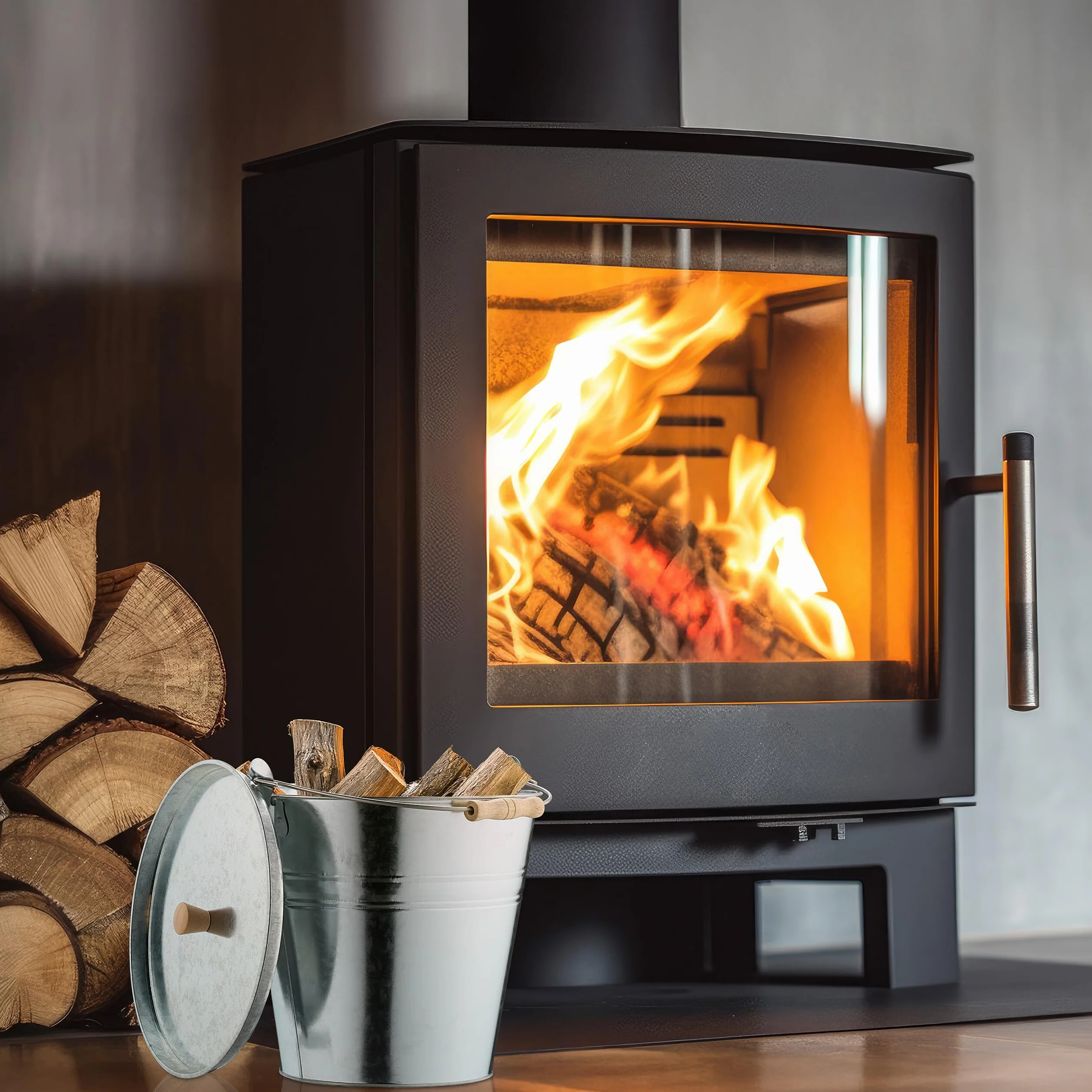 Relaxdays Cubo para Cenizas con Tapa, 12,5 L, Accesorio Chimenea, Estufa, Asa Madera, Almacenar Carbón, Acero, Plateado