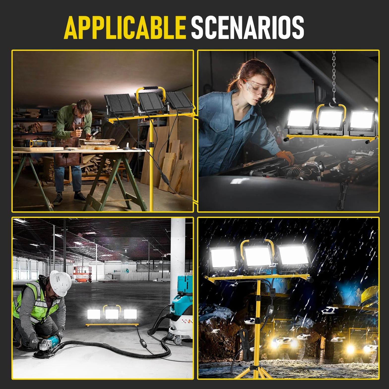 Foco de Trabajo LED 300W con Trípode Telescópico, 30000LM 6500K Foco de Trabajo LED con Enchufe Cable de 3m, Rotación de 360°, IP66 Impermeable Luz de Trabajo para Taller, Obras, Garaje