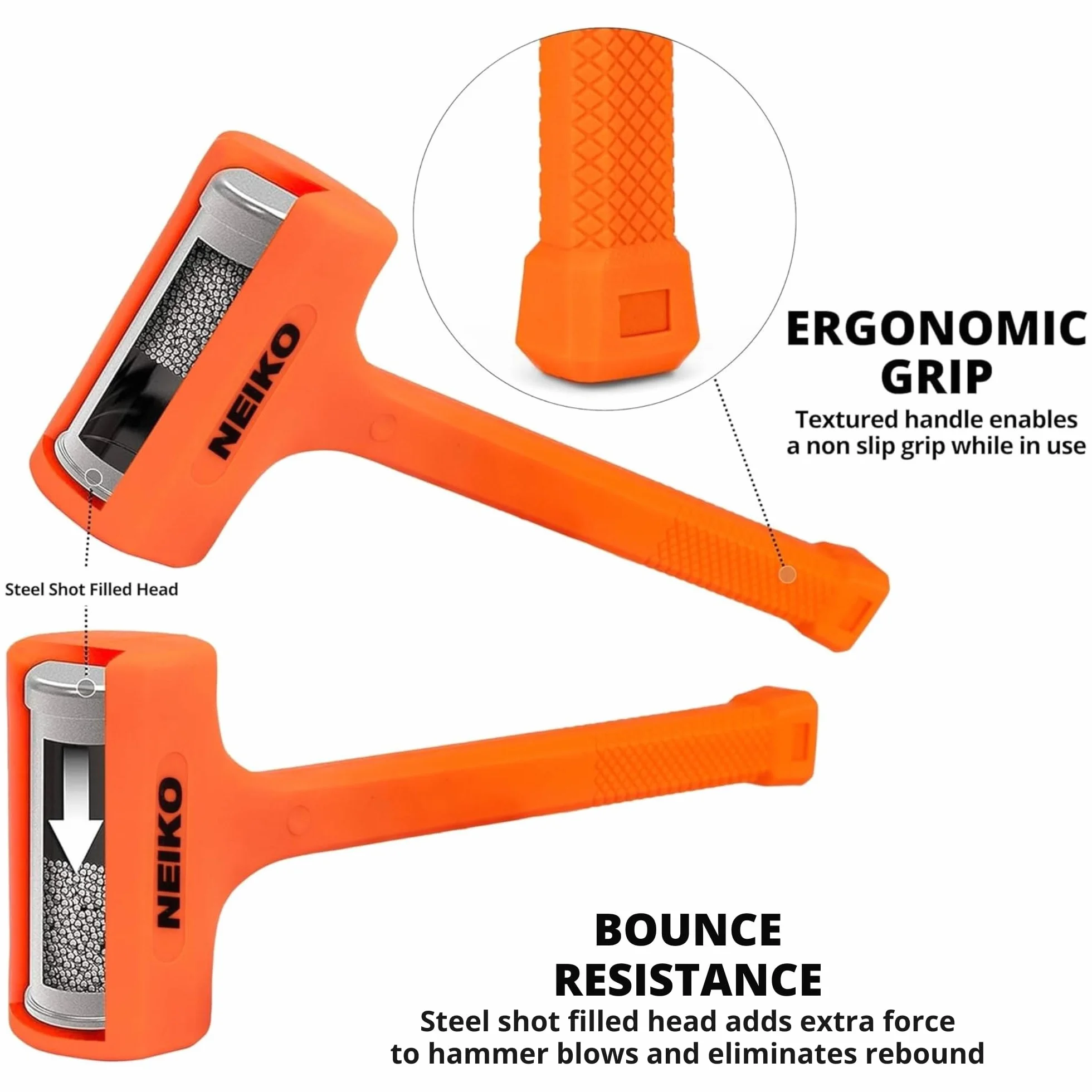 Neiko 02848A - Martillo de soplado muerto de 3 libras, color naranja neón | Moldeado unibody | Agarre a cuadros | Resistente a chispas y rebote
