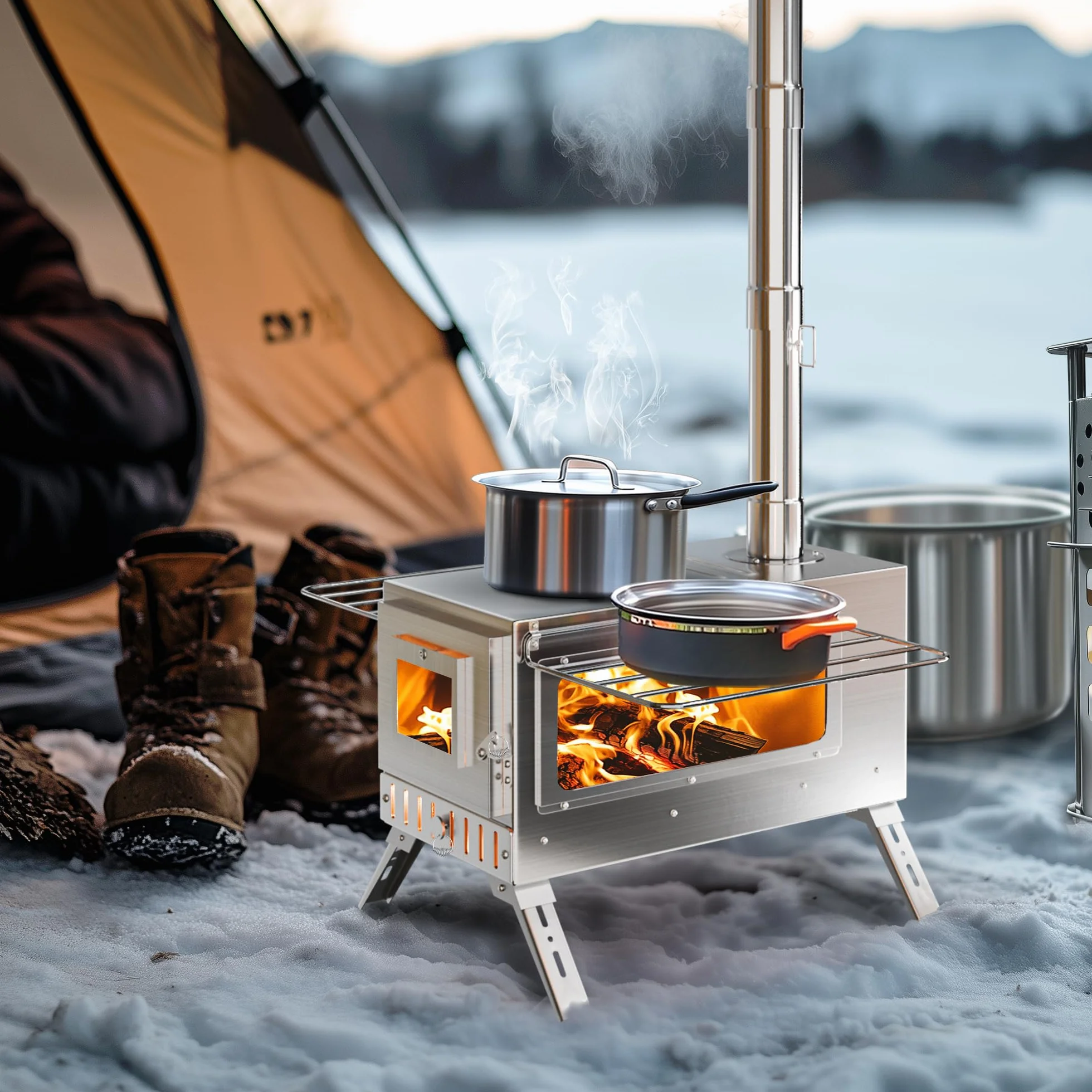 UNHO Estufa de Leña Portátil Plegable con Chimenea de Acero Inoxidable para Tienda de Campaña