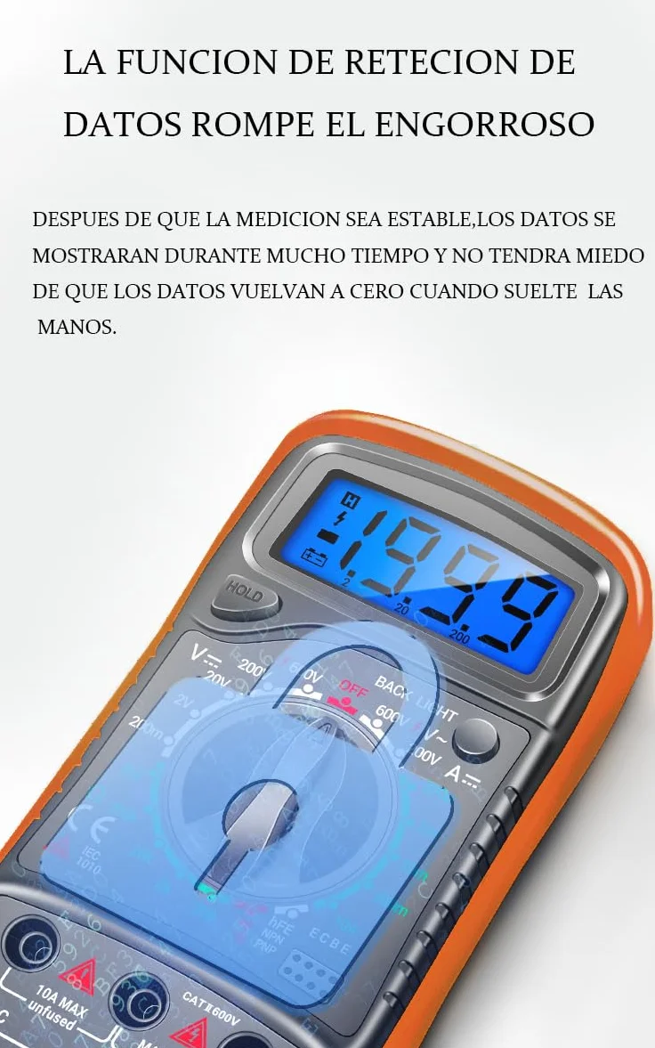 Multímetro Digital Profesional, Polimetro Digital con Pantalla Retroiluminada, Voltimetro Portátil y Resistente, Multifunción para Hogar y Taller, Manual en Español