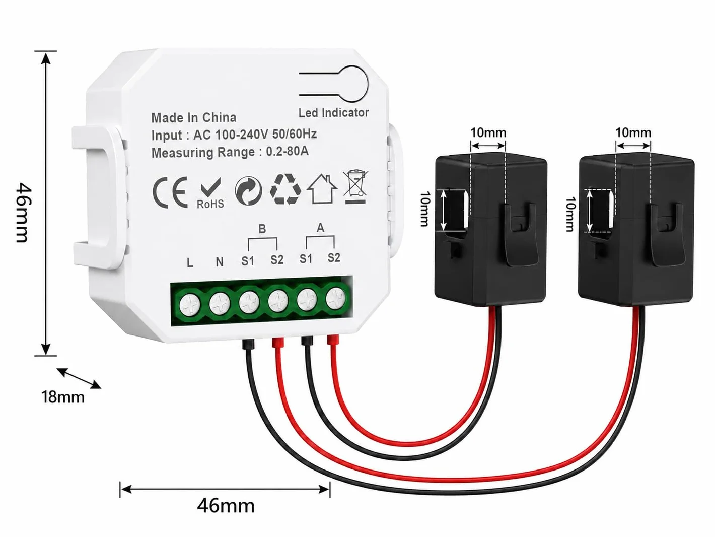 eMylo - Medidor de potencia WiFi de 2 canales 80 A + 80 A, monitor de potencia inteligente con amperímetro de abrazadera, WiFi de 2.4 GHz, monitoreo en tiempo real, aplicación Smart Life/TUYA,
