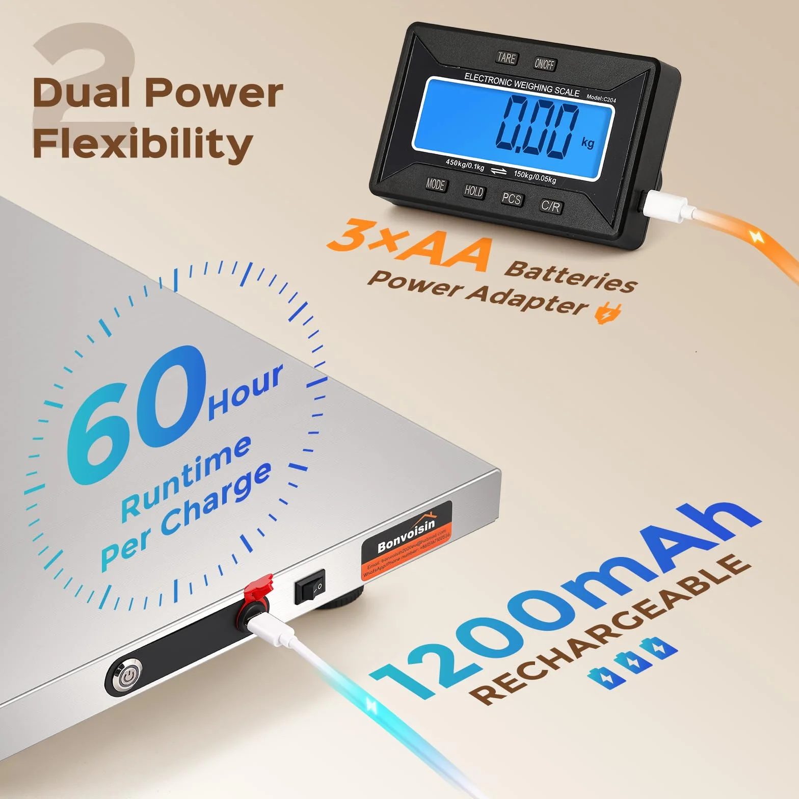 Bonvoisin Báscula postal inalámbrica 450 kg 992 lb LCD modo dual 0,1 kg 0,05 kg tara hold conteo