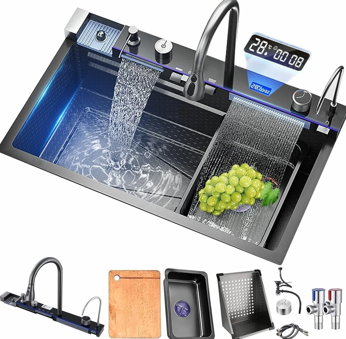 Fregadero de cocina, fregadero de acero inoxidable T304, fregadero de cocina multifuncional, fregadero cascada, fregadero empotrado con grifo digital multifuncional y varios accesorios (80x45cm)
