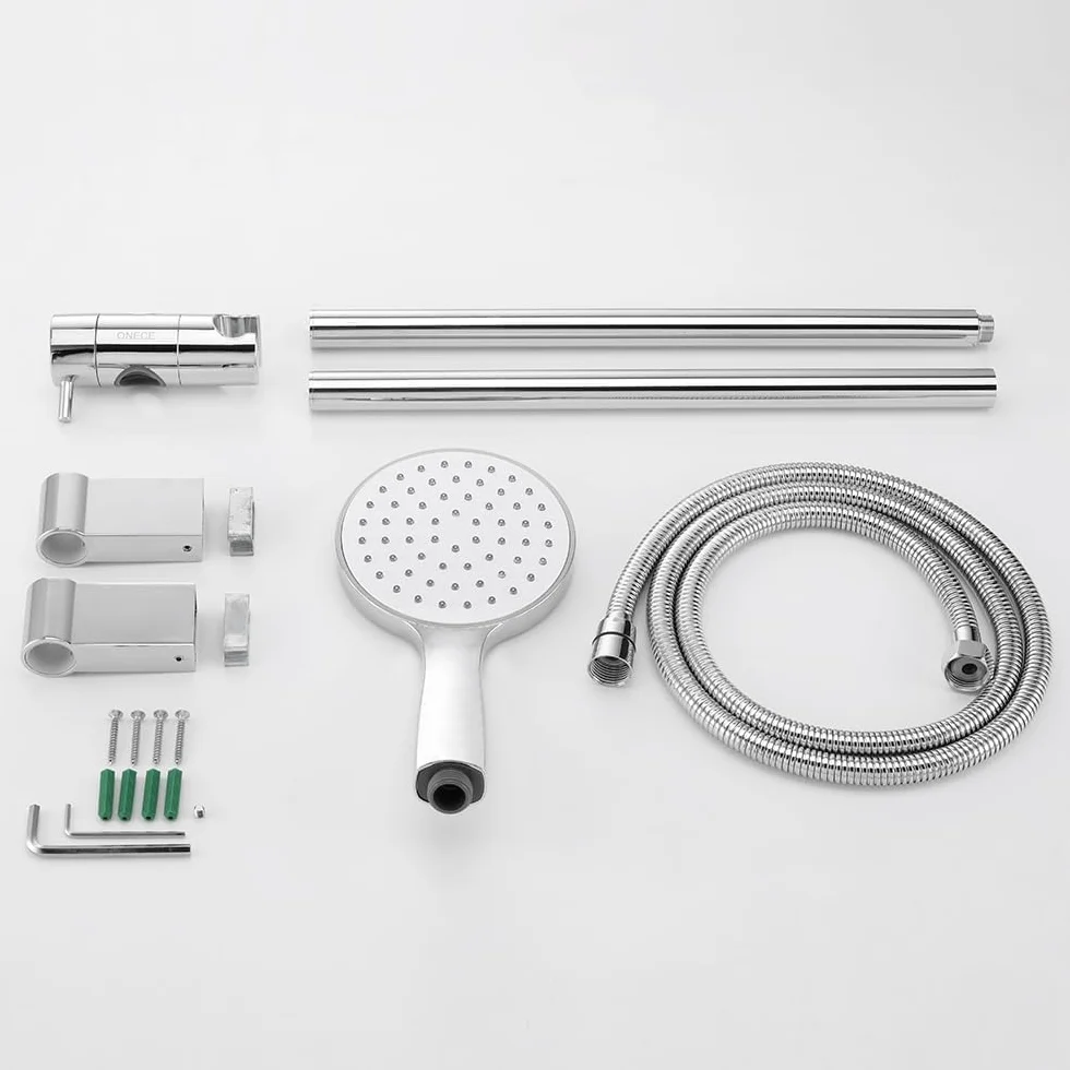 ONECE Barra de Ducha Acero Inoxidable 75 cm, Columna Ducha Sin Grifo | Lnstalación Ajustable, Soporte de Cabezal de Ducha Ajustable, Ducha de Mano y Manguera, Cromo