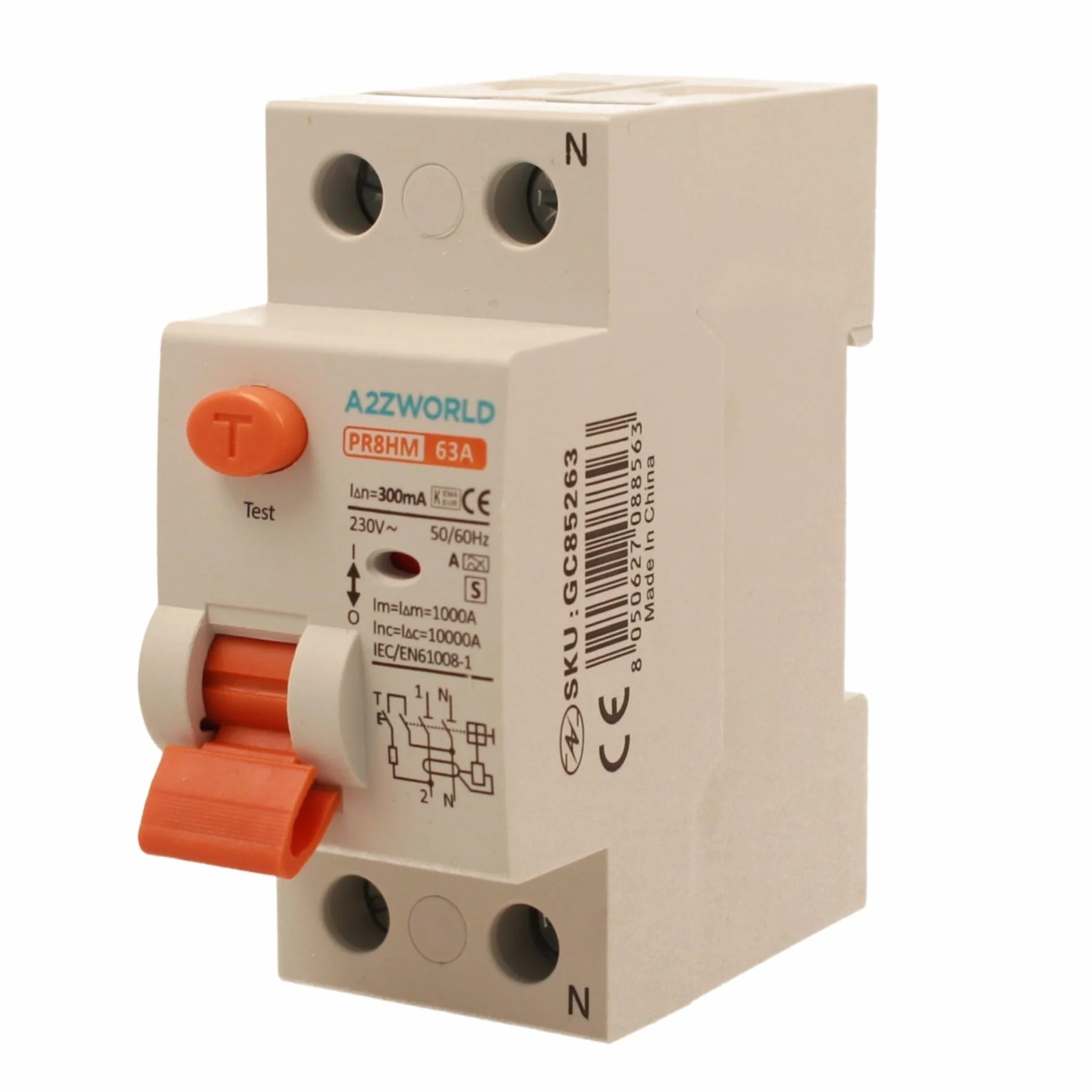 Interruptor diferencial puro selectivo 63A, RCCB Tipo S Clase A, 1P+N 10kA 300 mA, retraso 500 ms, 2 módulos DIN 230 V AC, certificado IEC61008-1, serie PR8HM electromagnético