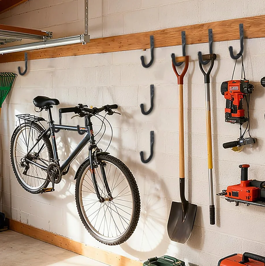 6 Pcs Gancho Pared de Garaje Resistentes, Gancho Bicicleta Ganchos para Colgadores de Pared Negro, Soporte Ganchos en J para Herramientas de Jardín Eléctricas