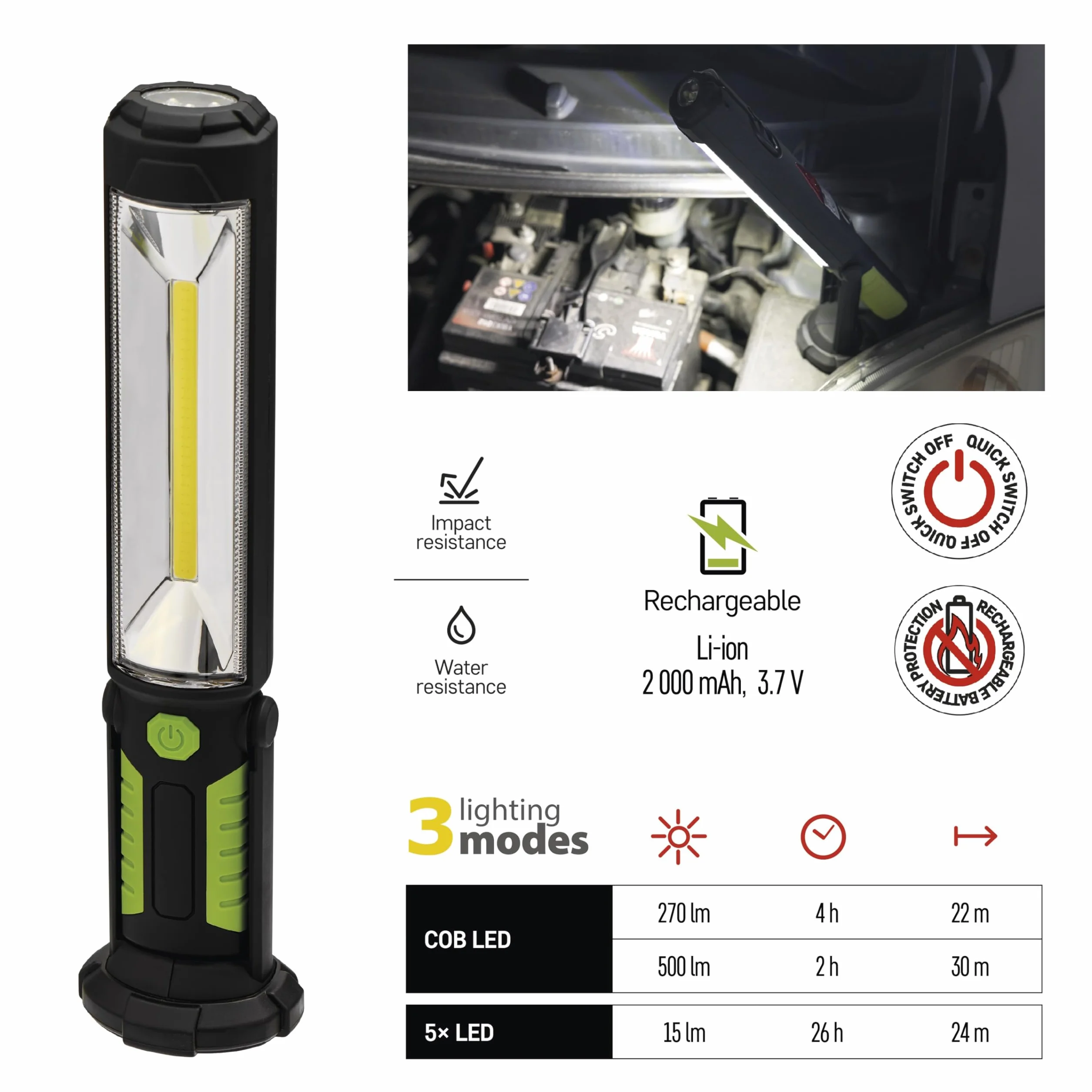 Emos e708 a de COB + 5, recargables lámpara – 5 W COB LED, plástico, Green, 6, X 32 X 7, 6 cm