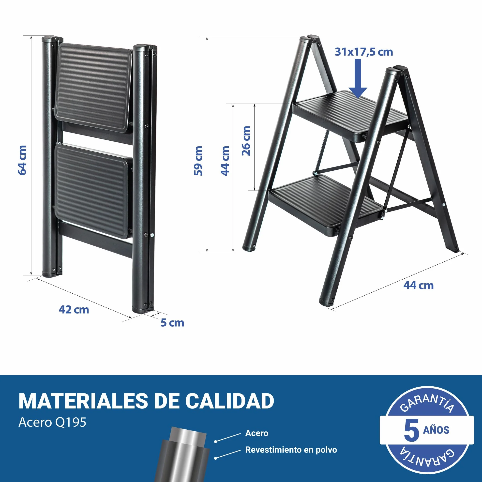 HOSTRÖM Escalera 2 peldaños FOLDPACT2, Taburete Plegable, Diseño ultracompacto, Peldaños Anchos 17,5 cm, Acero, Estante Temporal, Garantía 5 años.