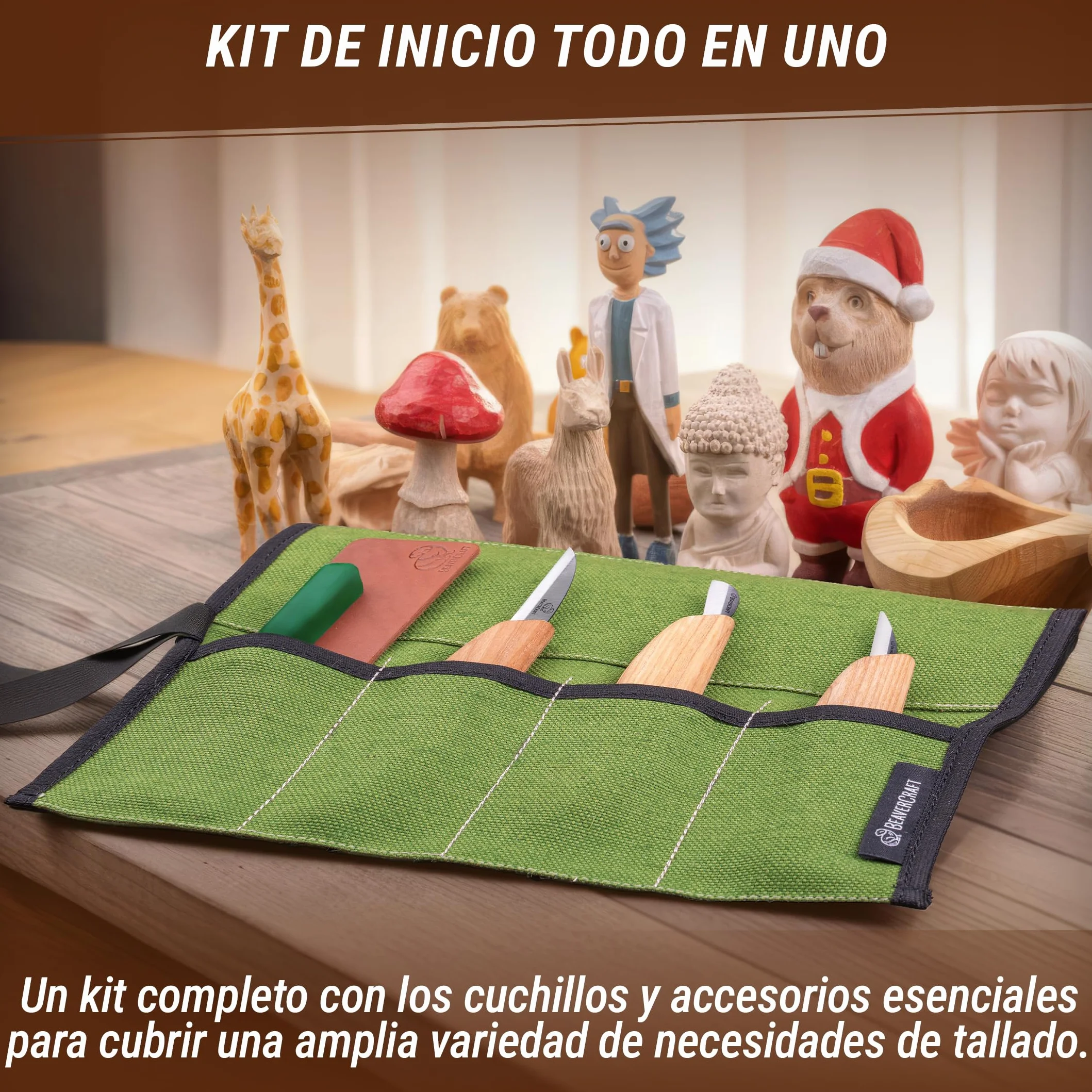 BeaverCraft S15 Kit Cuchillos Tallado Madera – Sloyd Detalle, Correa Cuero, Compuesto Pulido