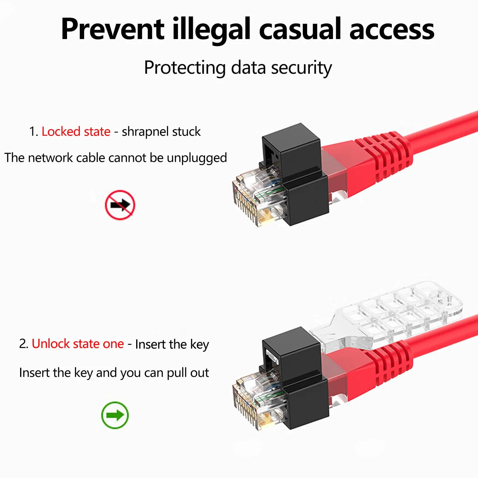 20 cerraduras de cable de red RJ45 con 1 llave, cable de red RJ45 con bloqueo, cable Ethernet con bloqueo, categoría 5, categoría 6, categoría 7, bloqueo de cable de conexión para enchufes modulares