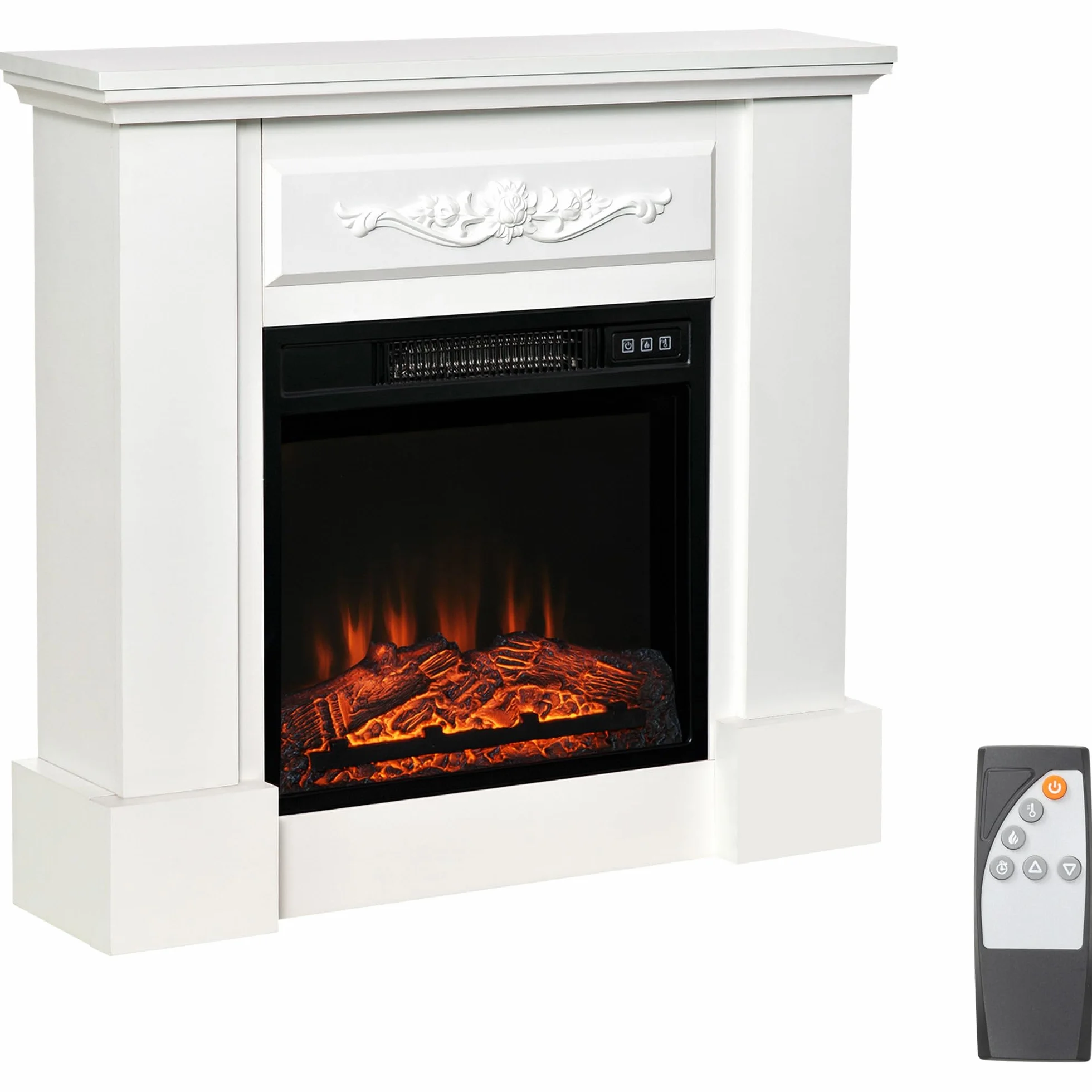 HOMCOM Chimenea Eléctrica 1800W Chimenea Decorativa con Marco Efecto de Llama Mando a Distancia Temporizador Protección contra Sobrecalentamiento para Sala 30 m² Blanco